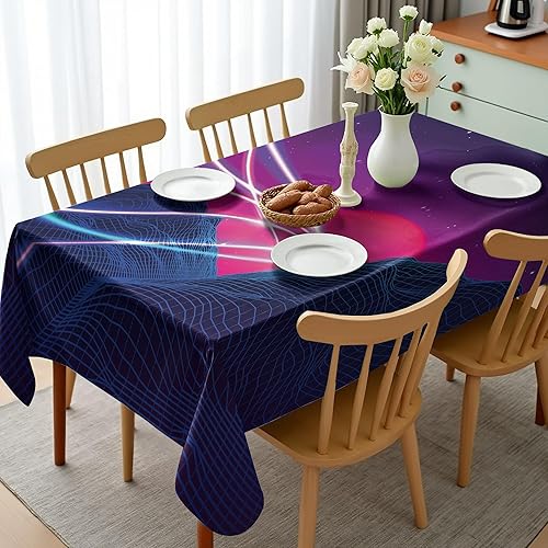 Miniatura 2 de Ambesonne Synthwave Tablecloth, Abstract Lines on Checkered Mountains and Cosmic Retro Sun Stars, Rectangular Table Cover for Dining Room Kitchen