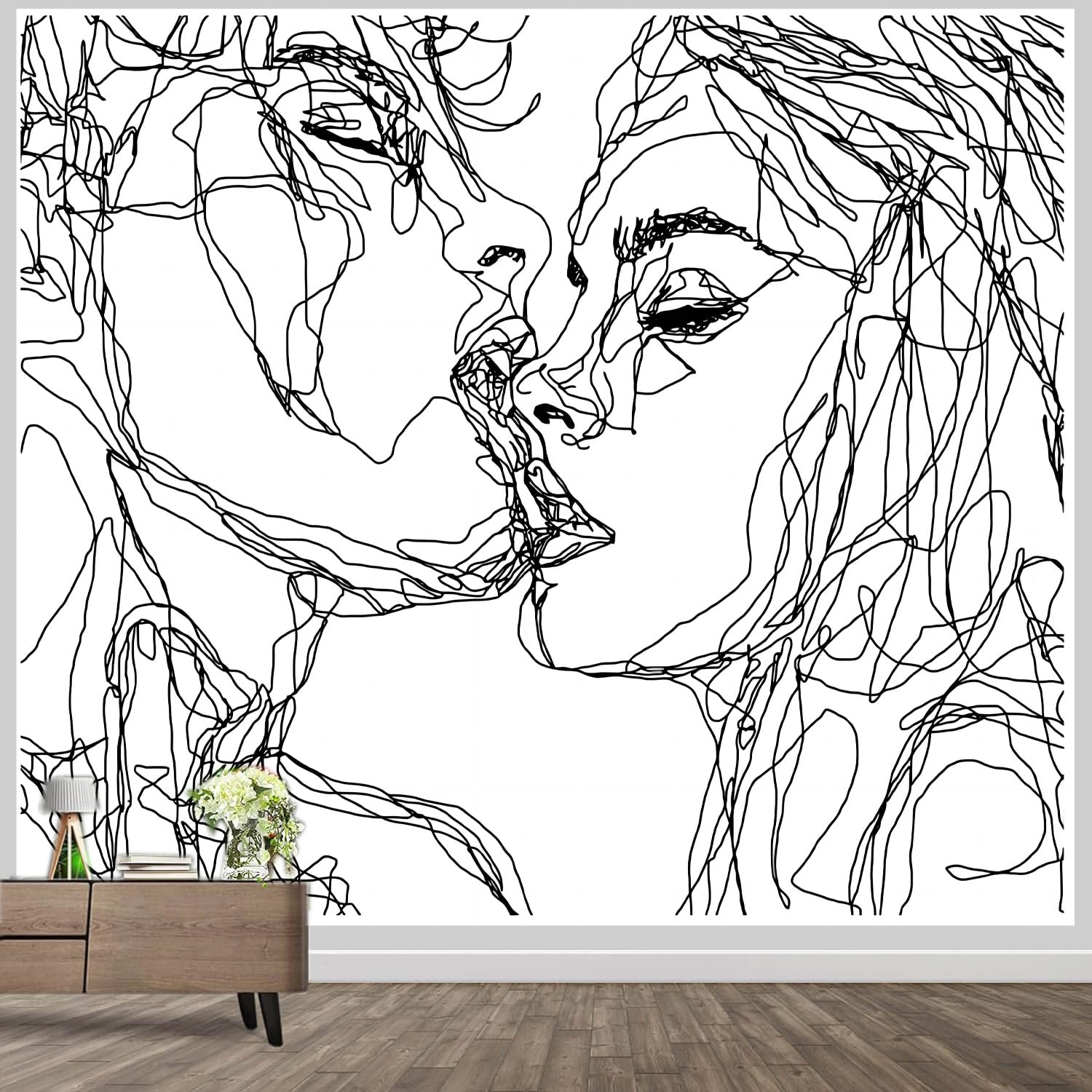 Roninkier Abstract Sketch Tapestry, Aesthetic Kiss Black and White Wall Cloth Art Wall Hanging for Bedroom Living Room (Kissing 2, 150 x 100cm)