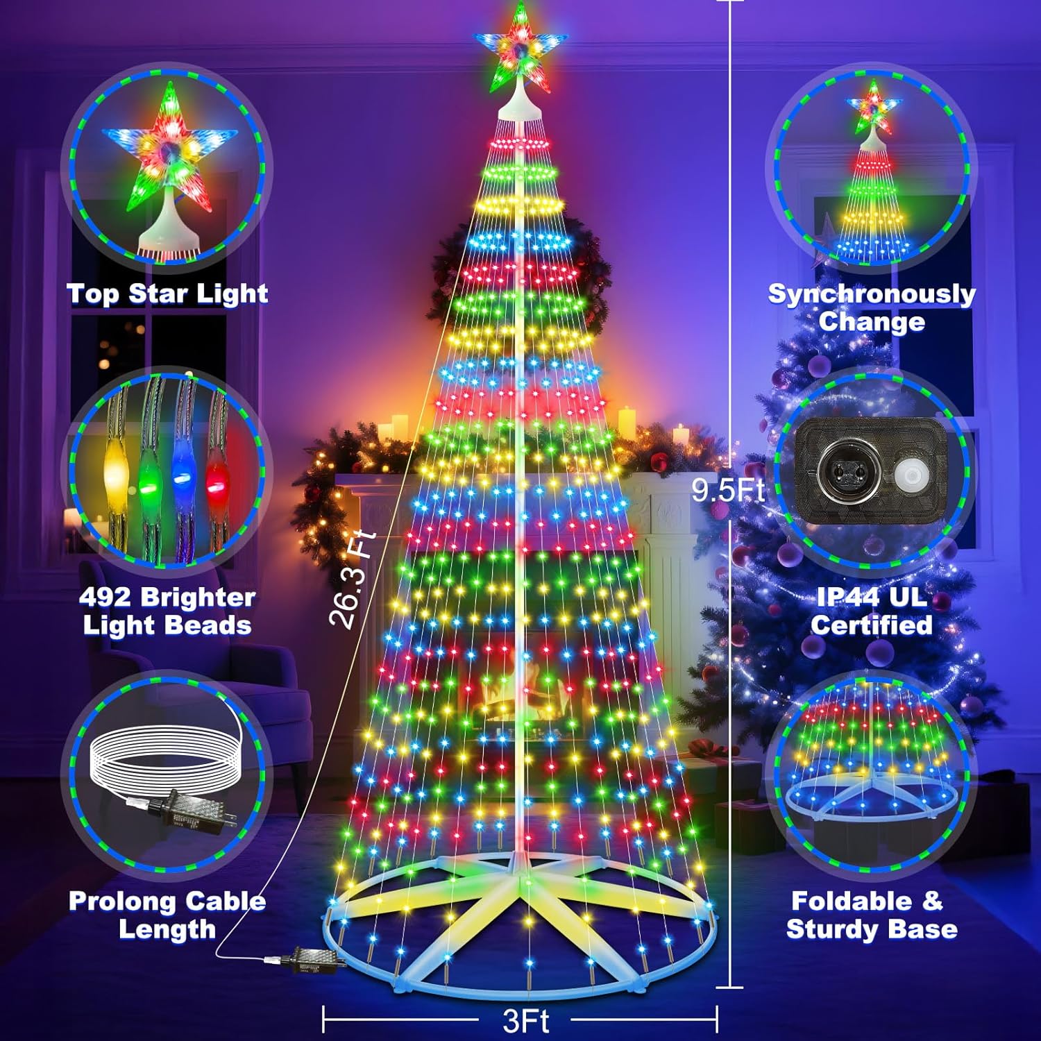 9.5ft 492LEDS Outdoor Christmas Tree Lights, Tall Star Topped Artificial Lighted Christmas Cone Trees Waterproof with 11 Modes, Timer, Dimmable for Indoor Outside Xmas Decor, Warm White/Multicolor