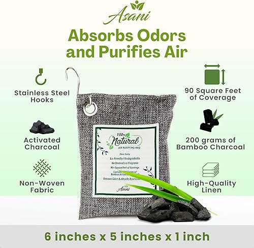 Miniatura 3 de Asani Bolsas purificadoras de aire con carbón activado de bambú (paquete de 4) | desodorante ambientador natural | Absorbe la humedad y eliminadores