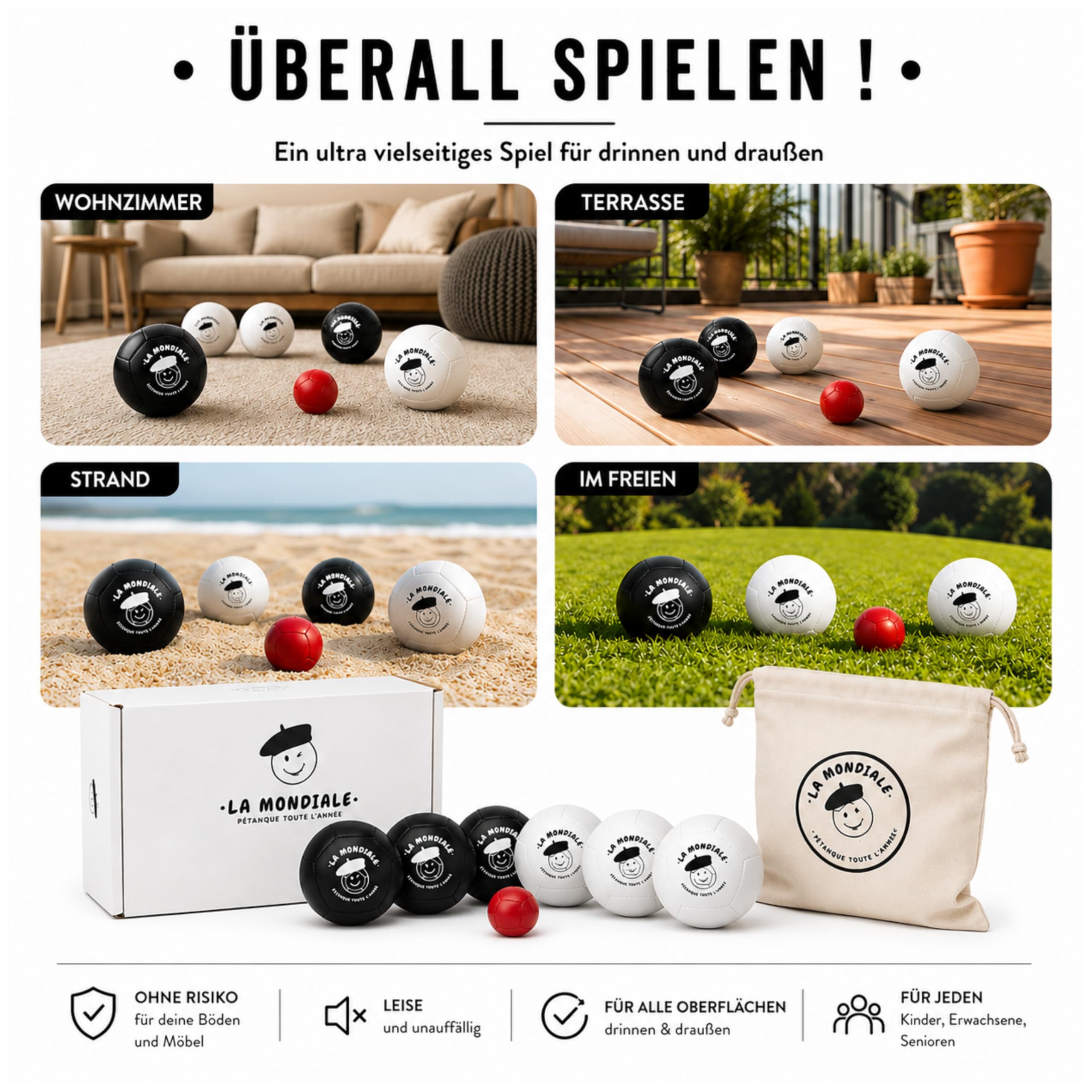 La Mondiale Boccia-Spiel für den Innenbereich – Set mit 6 Kugeln + Zielkugel – für Kinder & Erwachsene – auf allen Oberflächen verwendbar – lustige Geschenkidee