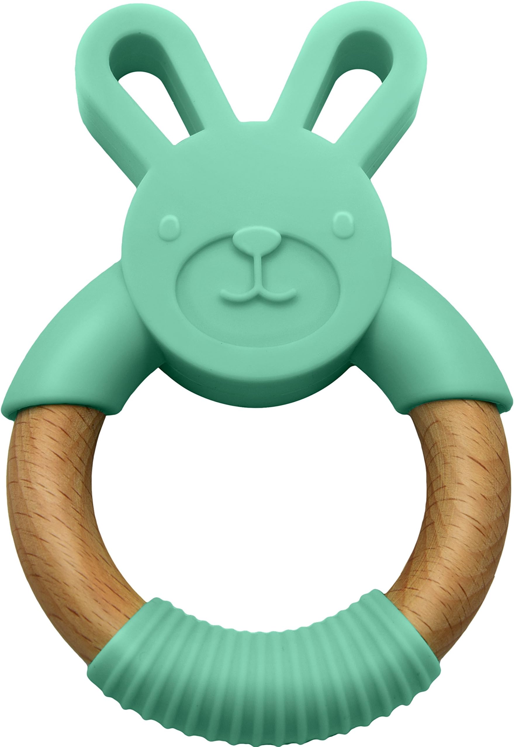 Organic & Natural Bunny Rabbit Baby Teether Ring, 100% BPA Free Pure Food Grade Silicone & Beech Wood, Teething Pain Relief Toy for Toddlers & Infants (Green)
