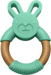 LittleFoot Nation Organic & Natural Bunny Rabbit Baby Teether Ring, 100% BPA Free Pure Food Grade Silicone & Beech Wood, Teething Pain Relief Toy for Toddlers & Infants (Green)