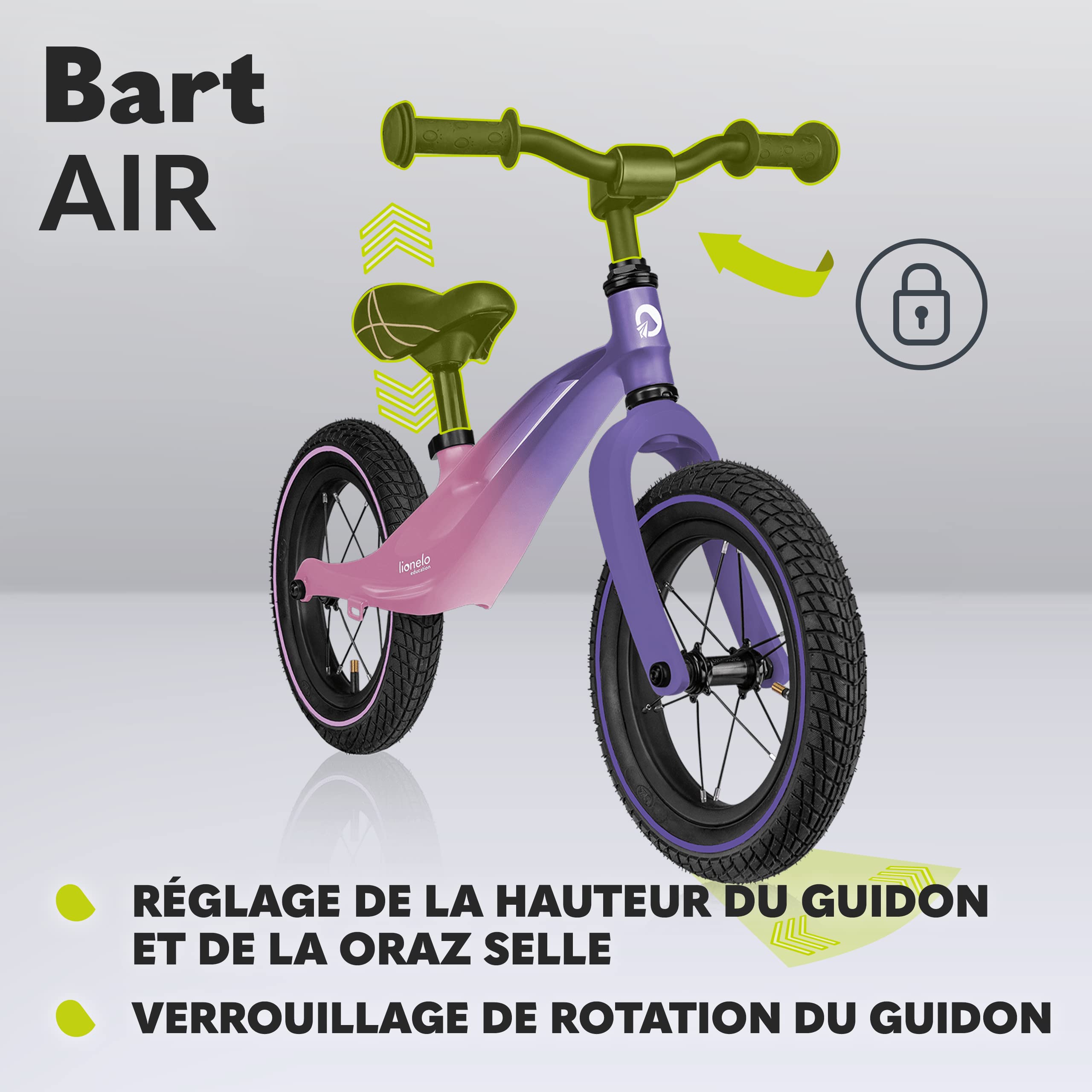 Lionelo Bart Air Draisienne 2-6 Ans, Roues 12 Pouces, Rose Violet | Pneus gonflables, cadre léger en magnésium 3,8 kg, selle et guidon réglables, repose-pieds, jusqu’à 30 kg