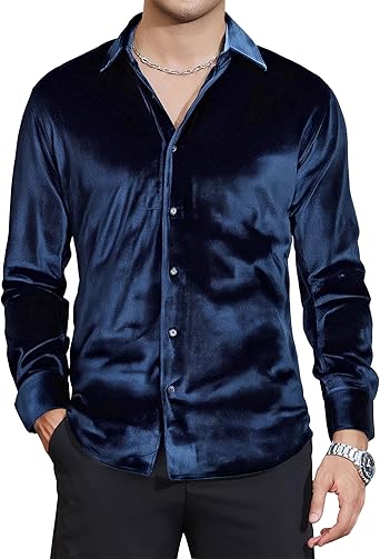 Alex Vando Mens Velvet Shirts Regular Fit Long Sleeve Soft Stretch Casual Button Down Shirt