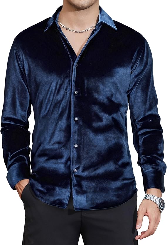 Alex Vando Mens Velvet Shirts Regular Fit Long Sleeve Soft Stretch Casual Button Down Shirt