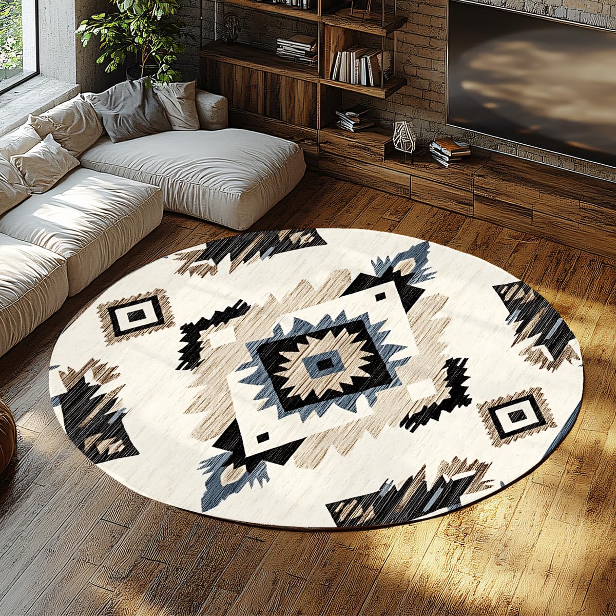Dywany okrągłe Native Southwest Geometric Ivory Washable Carpet Flanela Short Hair Base Non-slip Folding Rug Salon Sypialnia Salon 200cm