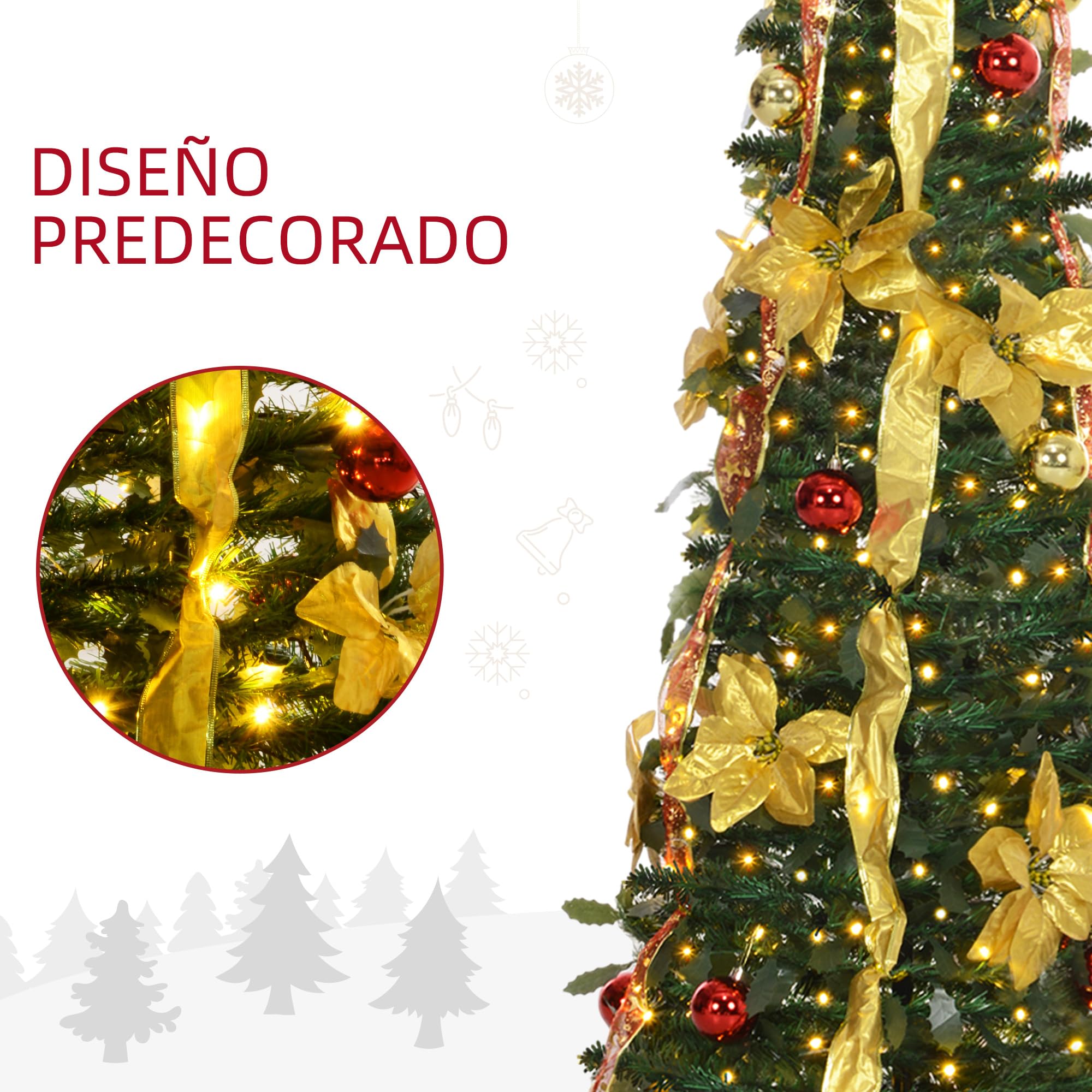 HOMCOM Árbol de Navidad 180 cm con Luces LED Artificial Plegable con Adornos Pre-instalados Árbol Navideño para Interior Verde
