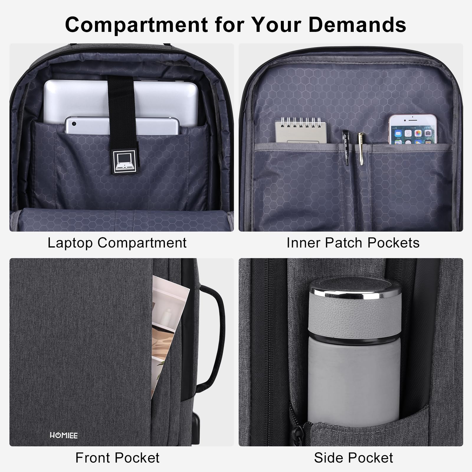 HOMIEE Zaino da Viaggio Aereo Zaino Porta PC 15.6 Pollici Zaini Uomo Impermeabile Anti-furto Antifurto Zaino Computer Portatile con Caricatore USB per Scuola Lavor Università