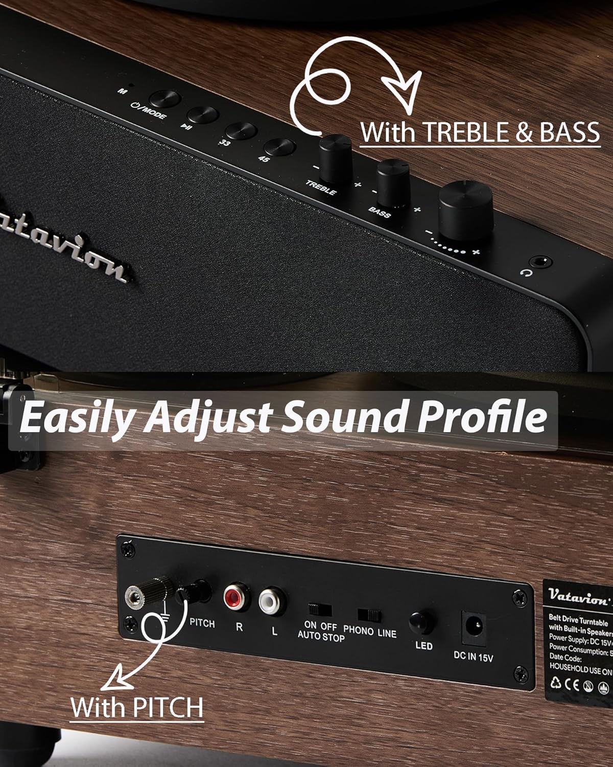 VATAVION-Vinyl-Record-Player, High Fidelity Belt Drive Turntable for Vinyl Records 33/45 RPM with MM Cartridge AT-3600L, Phono Preamp, Bluetooth Record Player with LED Light, Auto Off (Walnut Wood)