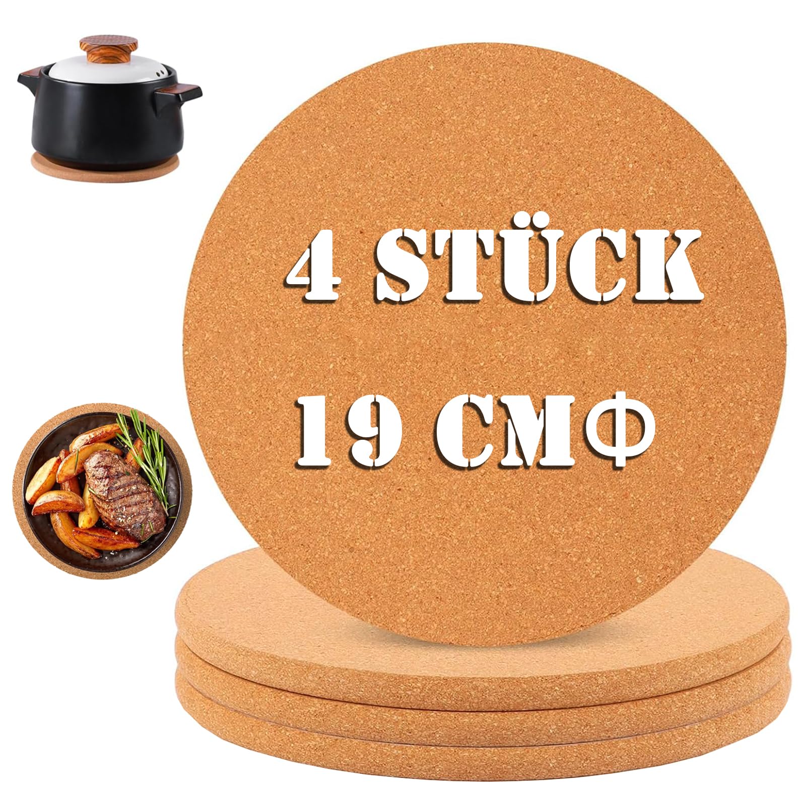 4 Pack Cork Trivet, Wooden Cork Coasters, 19 cm Non Slip Heat Resistant Coasters, Reusable Heat Resistant Coasters, Cork for Home, Kitchen, Living Room