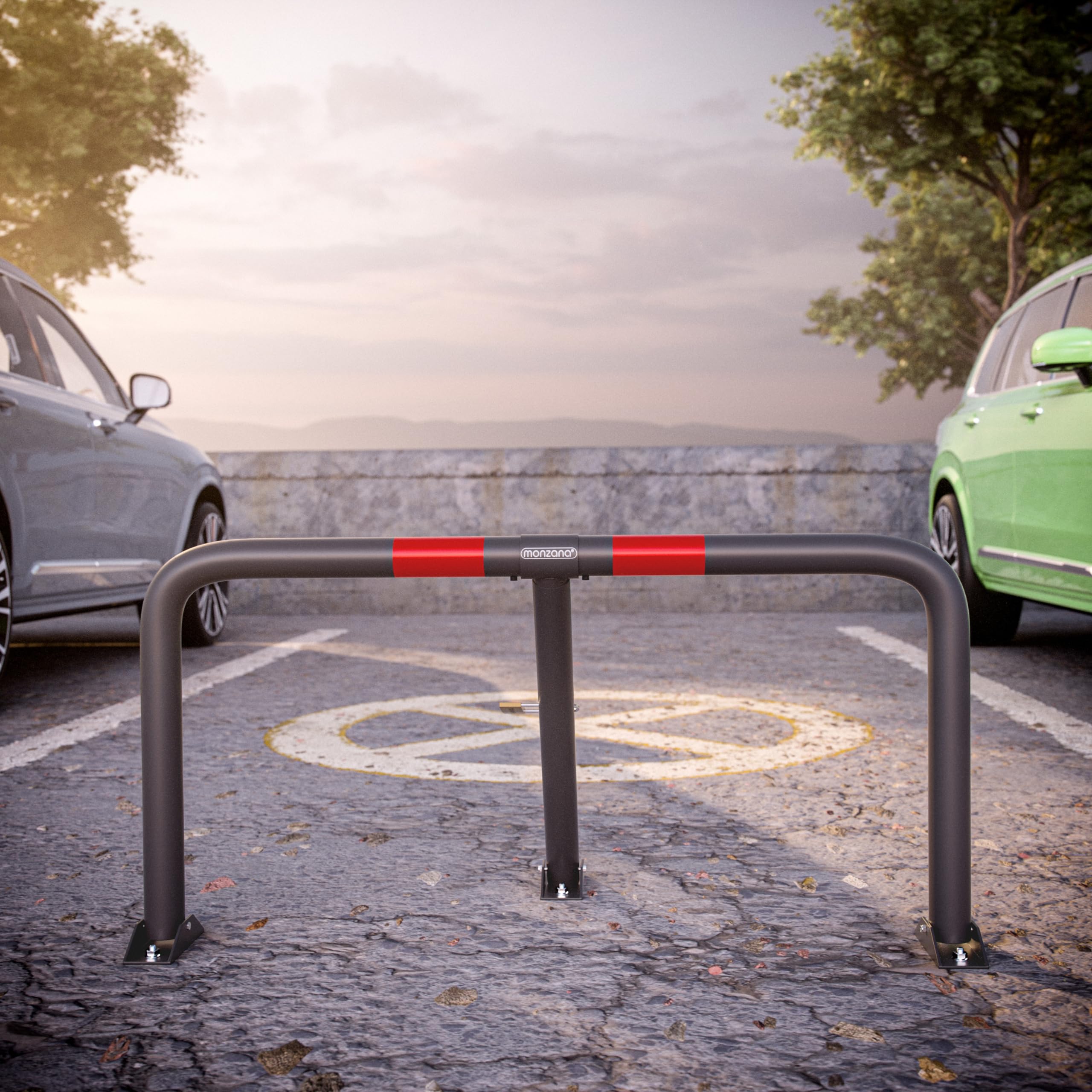 MONZANA® Barrera de Aparcamiento Acero Bloqueo Parking Estacionamiento Candado con 3 Llaves Bandas Reflectantes Abatible