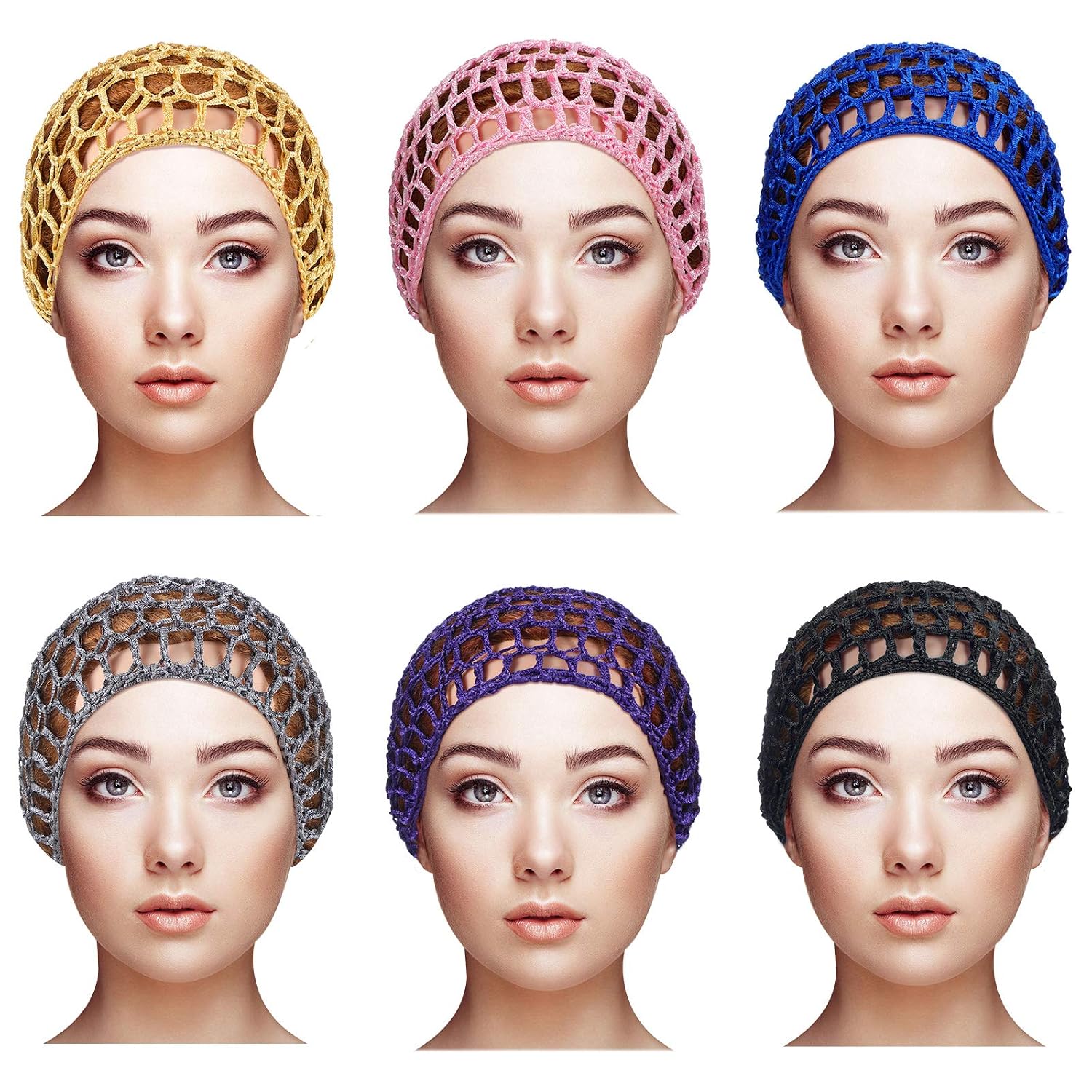 Geyoga 6 Pieces Mesh Crochet Hair Net Rayon Knit Snood Hat Thick Short Women Hairnet Snoods Cover Ornament for Sleeping (Black, Blue, Pink, Purple, Gray, Khaki)