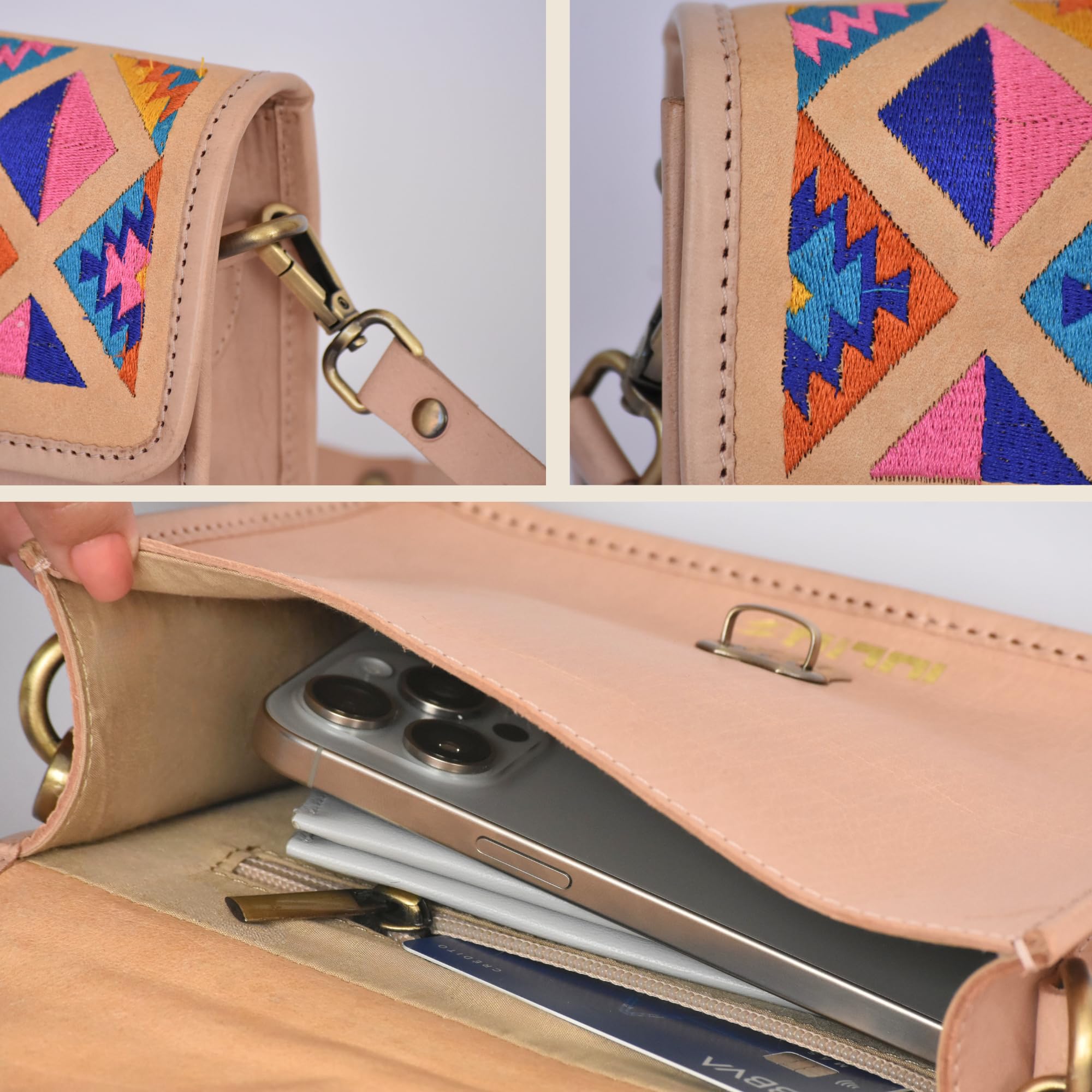 iulius Bolso Bandolera de Cuero Artesanal, Camel, 20x15x8 cm, Piel Vacuno, Diseño Étnico, Bordado Geométrico, Cierre de Broche, Correa Ajustable