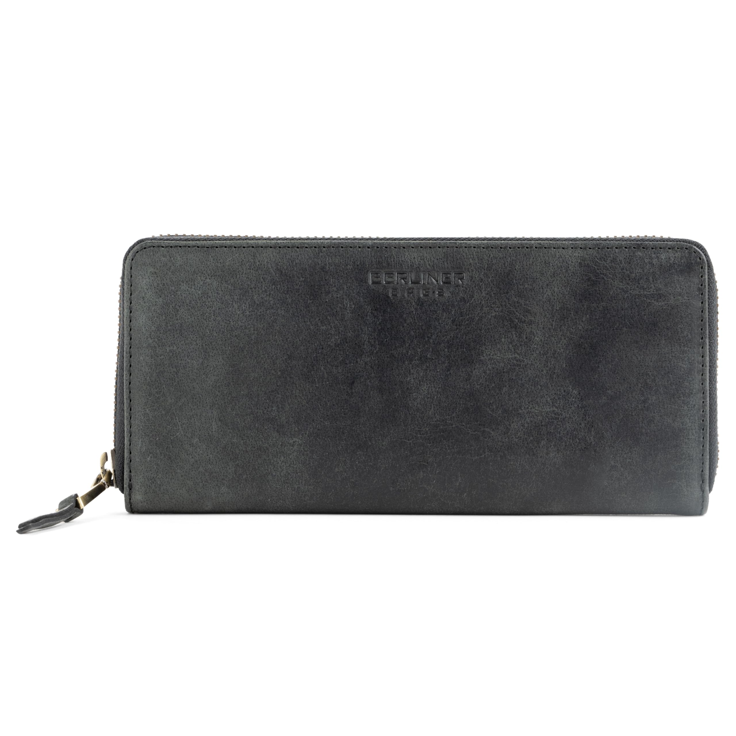 BERLINER BAGS Full Grain Leather Zip Wallet Women Palma - Dark Grey