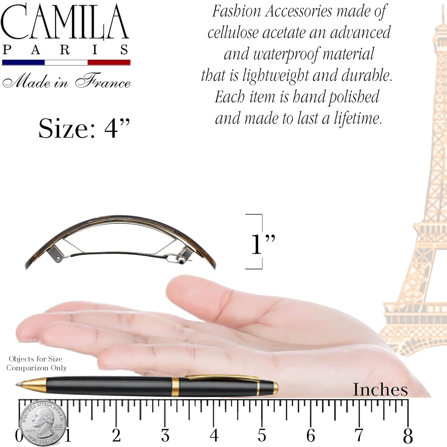 Camila Paris CP3322 French Hair Barrette Oval For Thick Curly Wavy Long Hair, Strong Hold Grip Hair Clips for Women, No Slip Rubberized Metal Clasp, Styling Girls Hair Accessories, Made in France