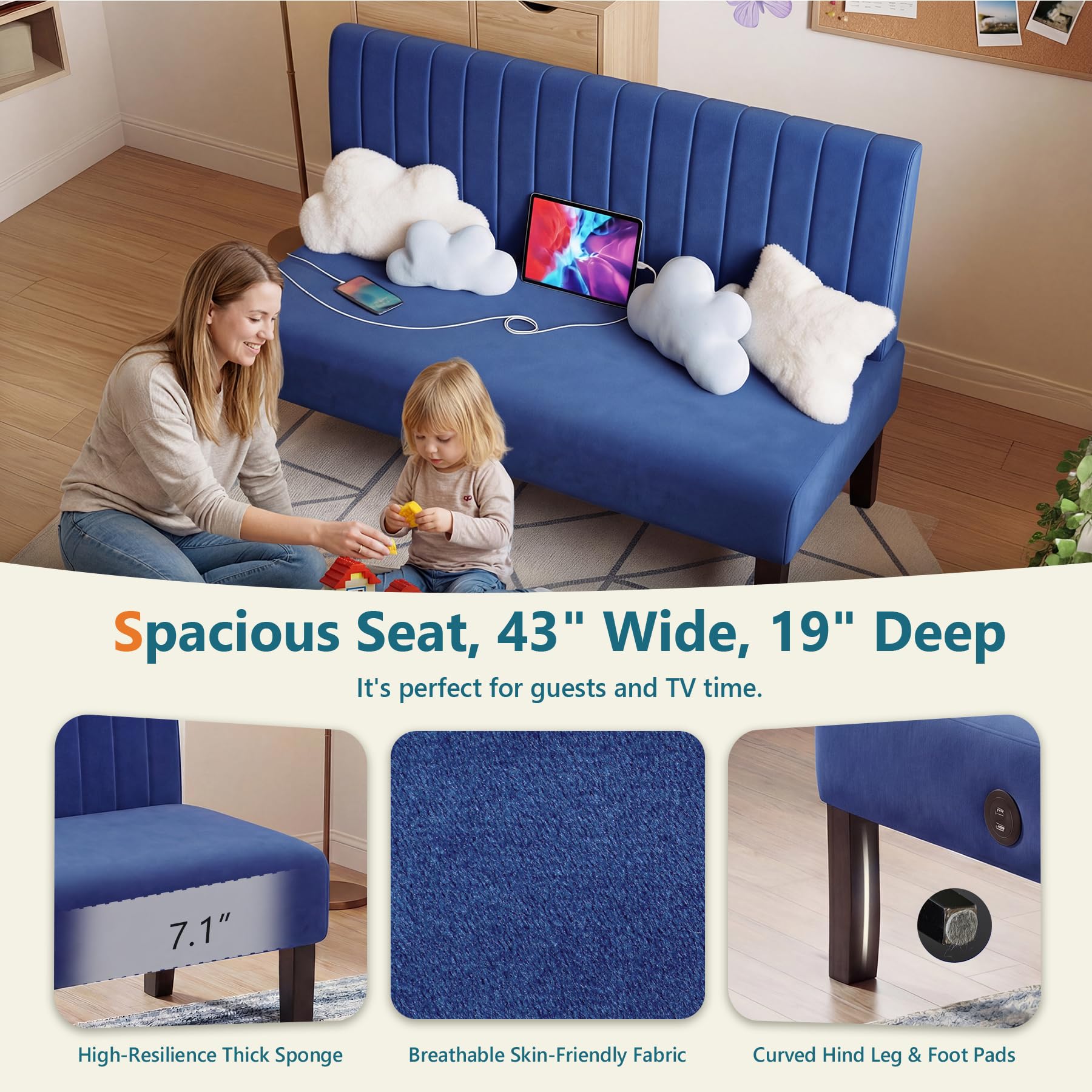 Navy Blue Velvet Armless Loveseat with USB, Small Couch for Living Room | Mini Sofa and Love Seat, Comfy Velvet Couch with Armless Design and USB Port, Apartment Office Dorm Small Spaces, Navy Blue