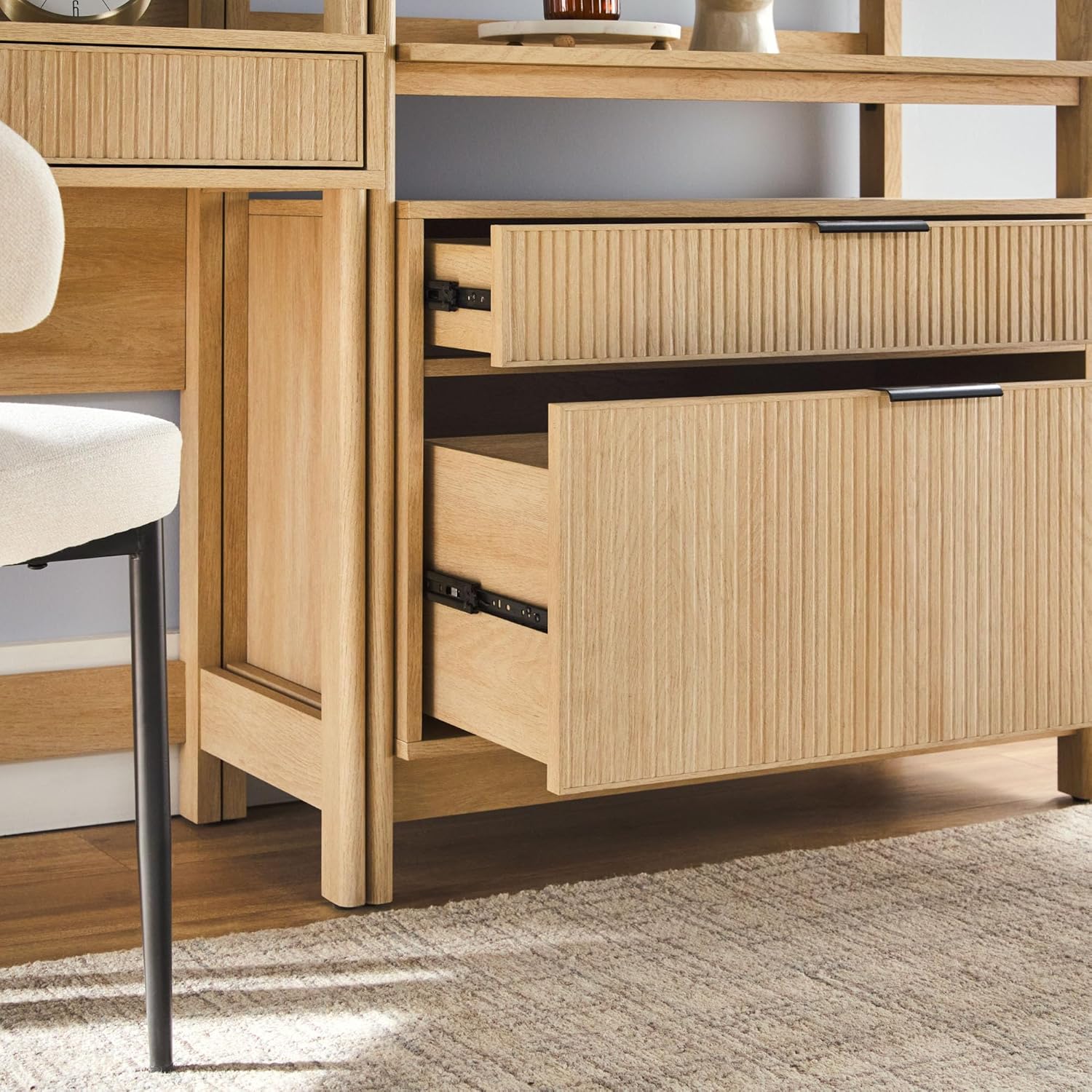 Walker Edison Transitional 2-Piece Hutch Desk with Wide Bookcase, Reeded Drawer Fronts, Built-in outlets and USB Ports, Set of 2, Coastal Oak