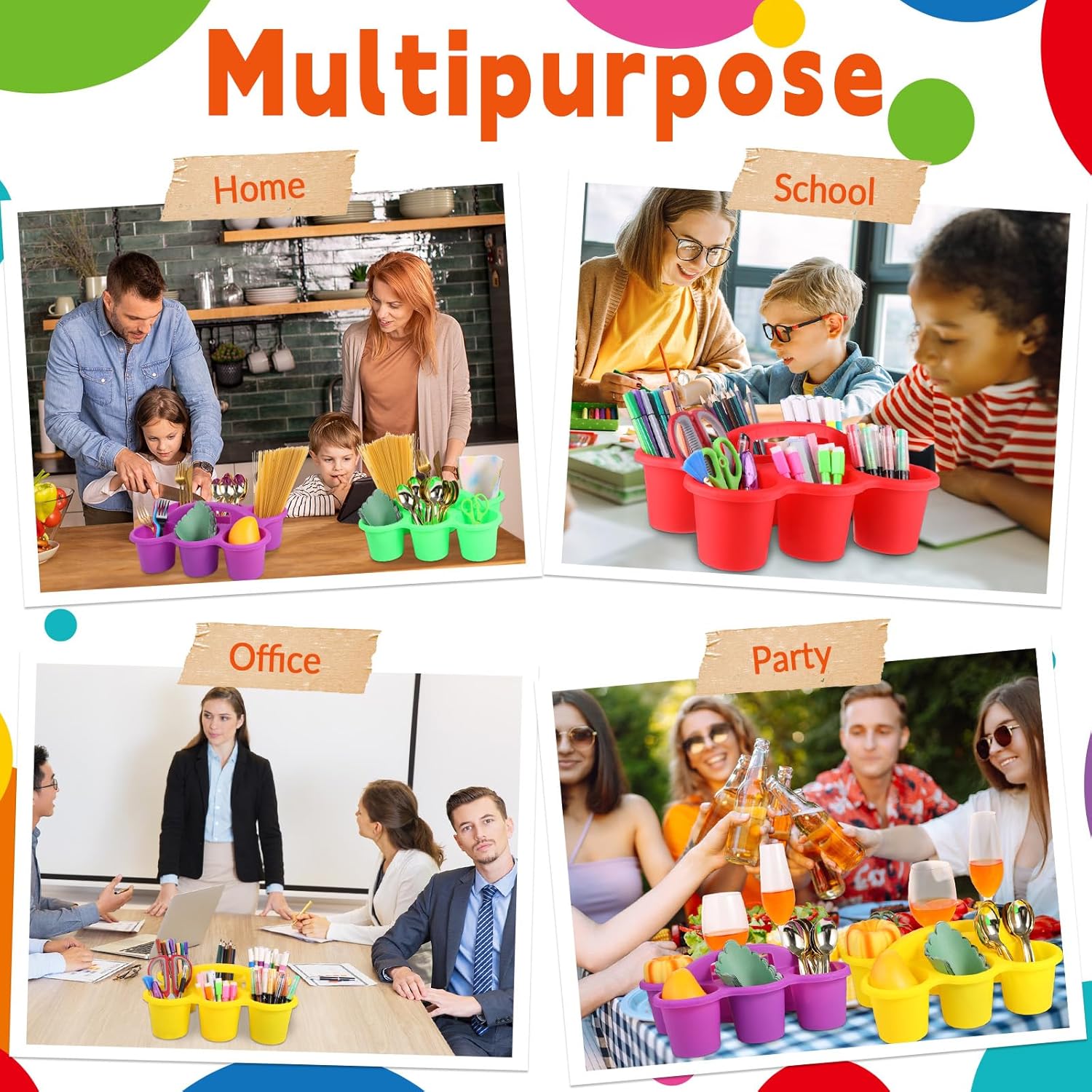 12 Pack Classroom Caddy Organizer with Handle Colorful Plastic Table Caddy Drink Cup Caddies Holder 12×9×3.5 Inch Storage School Supplies 6 Compartments for Table Crayon Pencil Cup Marker Craft