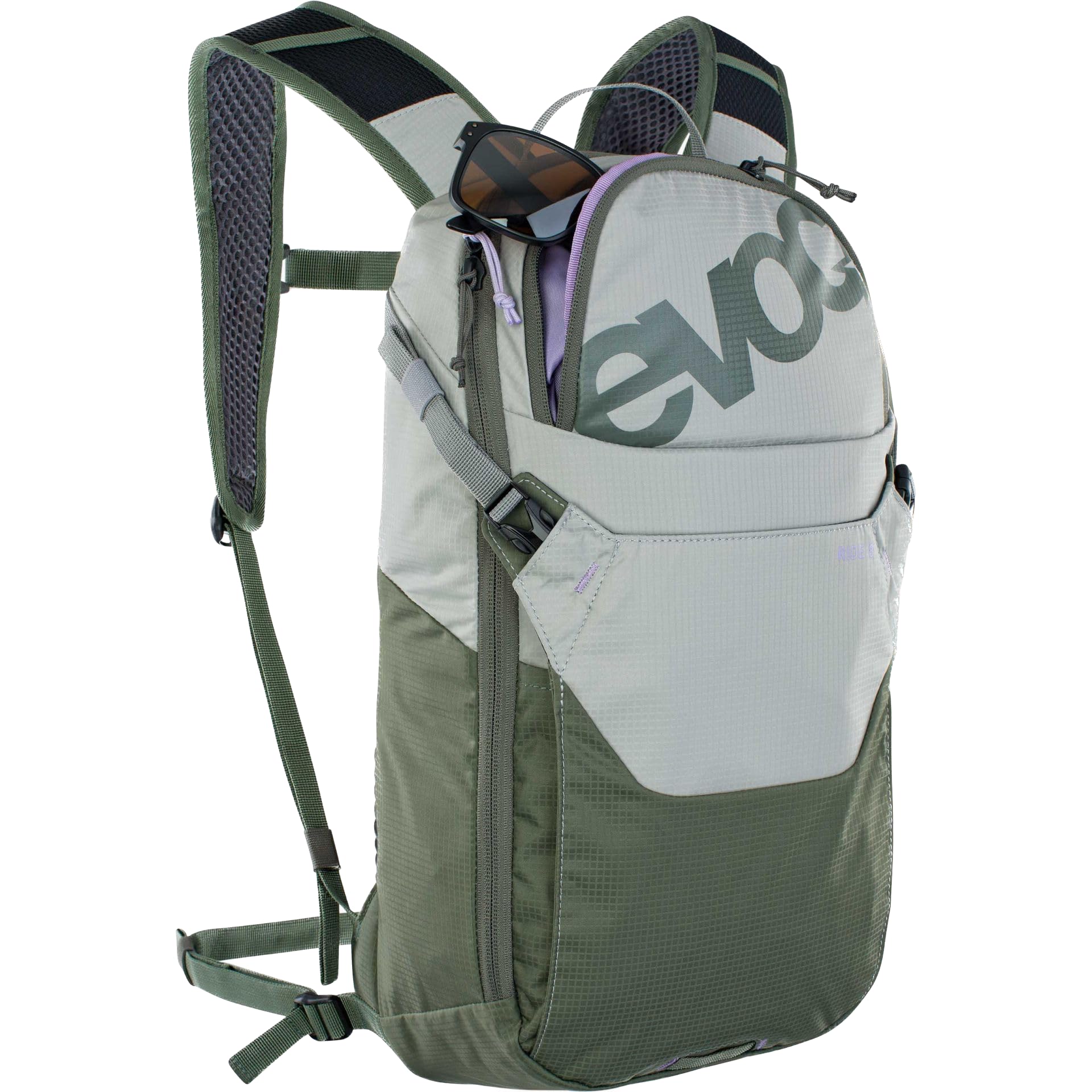 Evoc Mochila para bicicleta RIDE 8 Mochila para bicicleta para senderos y otras actividades (gestión inteligente de los bolsillos, ventilada con acolchado dorsal AIR-PAD), gris piedra/olivo oscuro