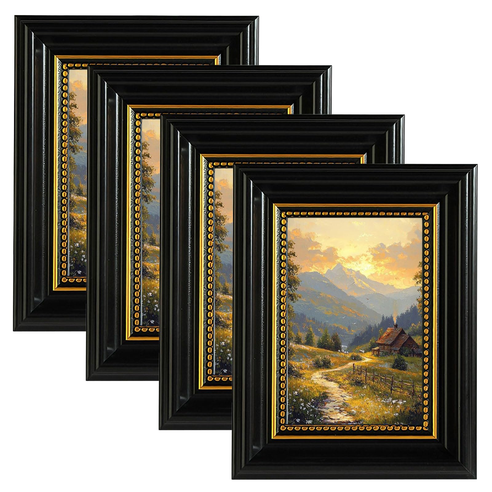 4 PCS Vintage Photo Frames Set, 6x4 Retro Picture Frames with Mount for Wall and Tabletop Display, Picture Frames for Home Office Living Room Décor (Black, 4X6)
