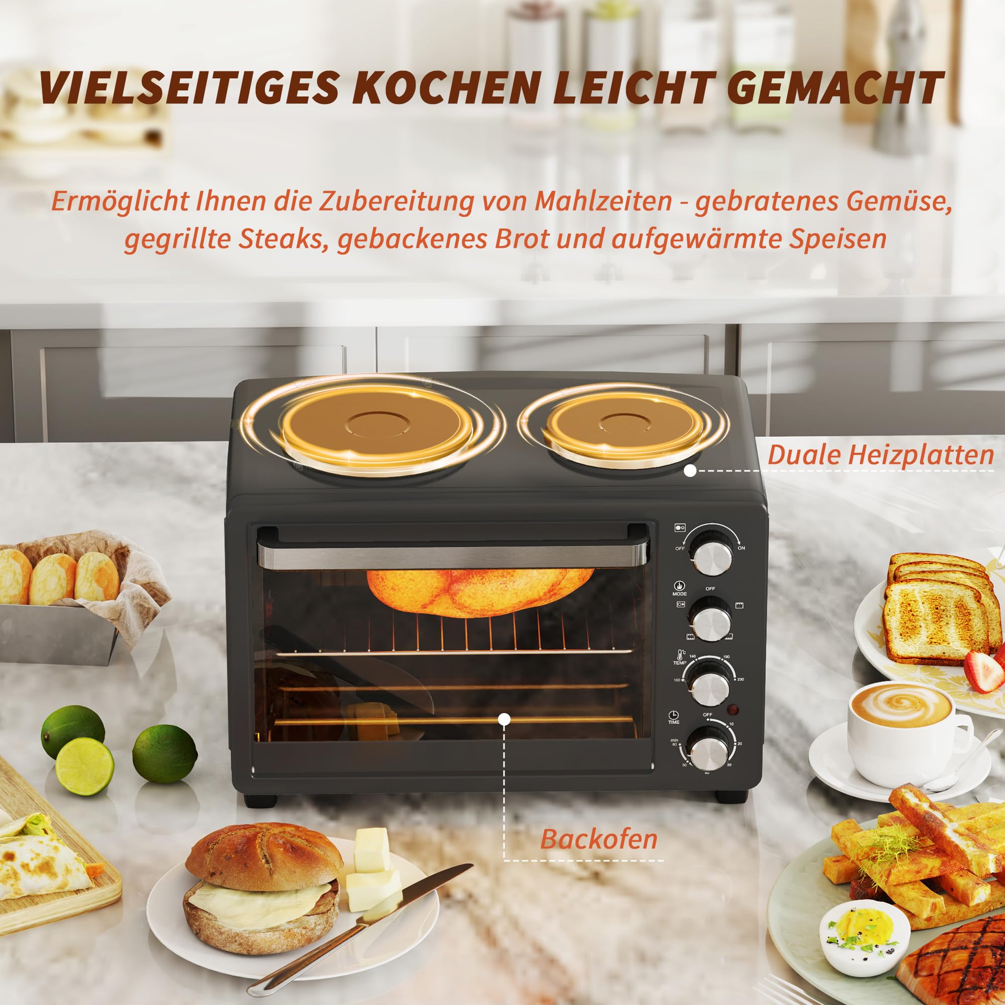 HOMCOM Minibackofen 28 L 2600W 100-230℃ Pizzaofen mit 60 Min. Timer, Grillrost 2 Kochplatten, Backblech, Mini Backofen mit Tablettgriff, Krümelblech, Schwarz
