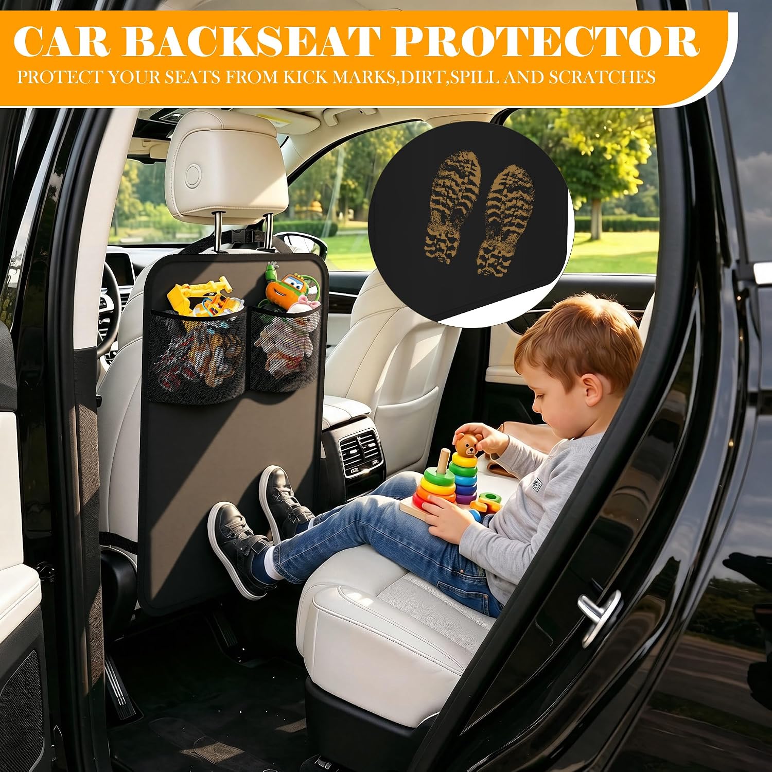 Back Seat Cover For Kids with 2 Pocket Storage Organizer, 2 Pack Waterproof Kick Mats Backseat Protector, Car Seat Back Protectors For Vehicles image 2