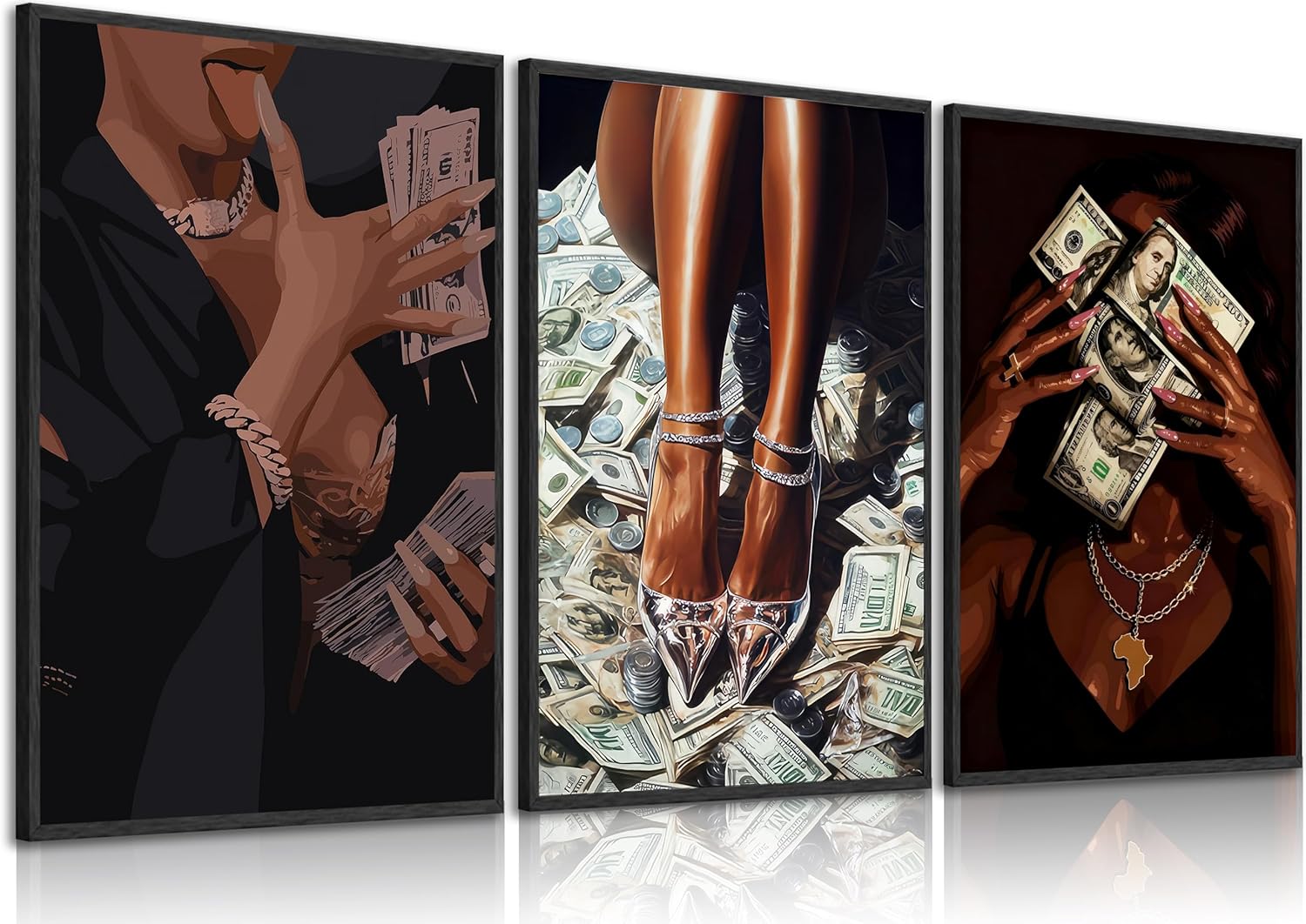 Trendy Black Girl Money Wall Art African American Women Pictures Wall Decor Fashion Black Woman Posters Luxury Feminine Power Painting Print Artwork for Living Room Bedroom Dorm Apartment, Unframed