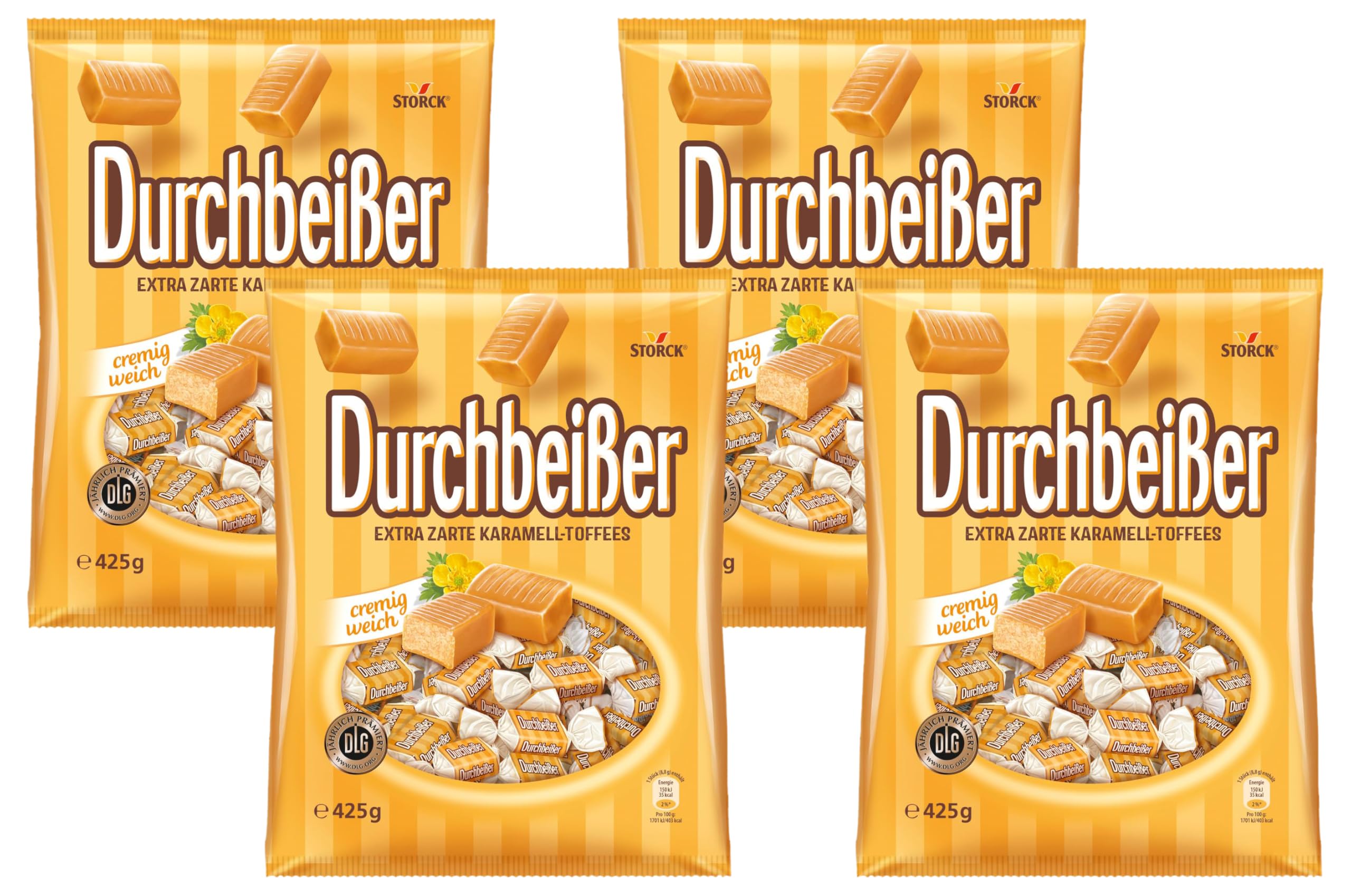 Bunte Welt Durchbeißer – 1 x 425g – Karamell Toffees, extra zarte Karamell Bonbons (Packung mit 4)