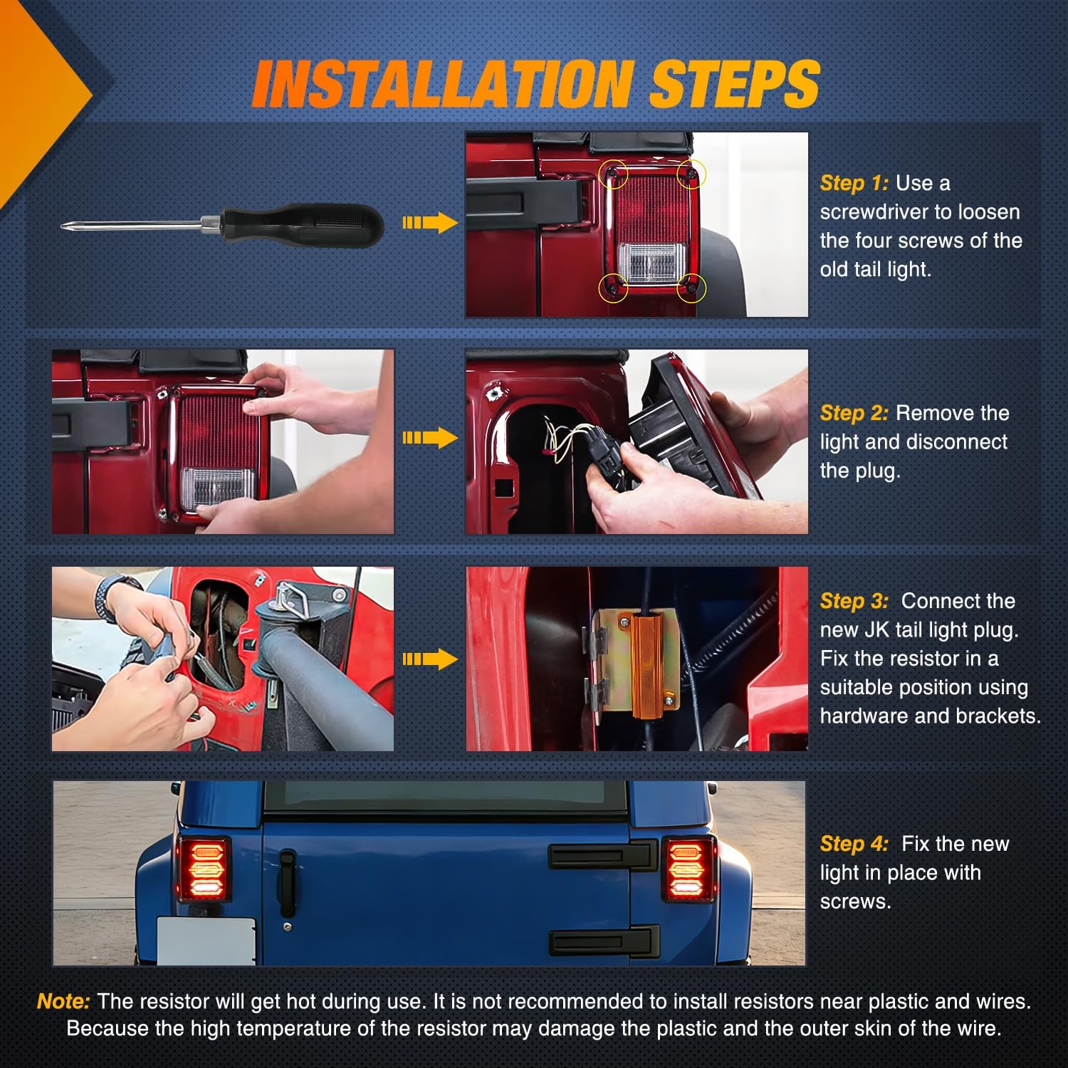 Four-step visual guide for installing the Nilight JK-222A LED Tail Lights on a Jeep Wrangler.