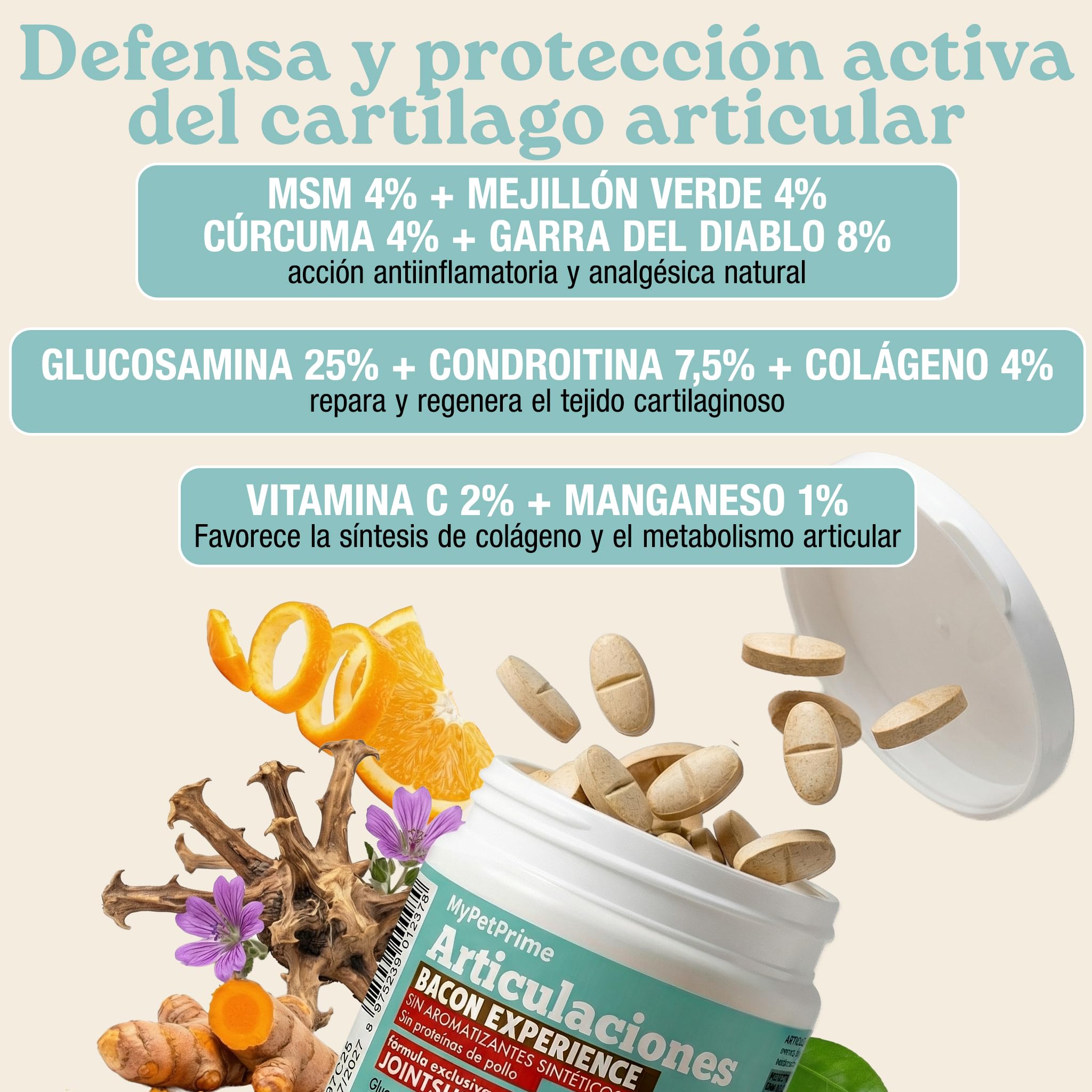 MyPetPrime Articulaciones Complemento alimenticio para Perros - 125 Comprimidos | Nueva fórmula JointSupport™ con MSM, Polvo de mejillón de Labio Verde, glucosamina y Garra del Diablo