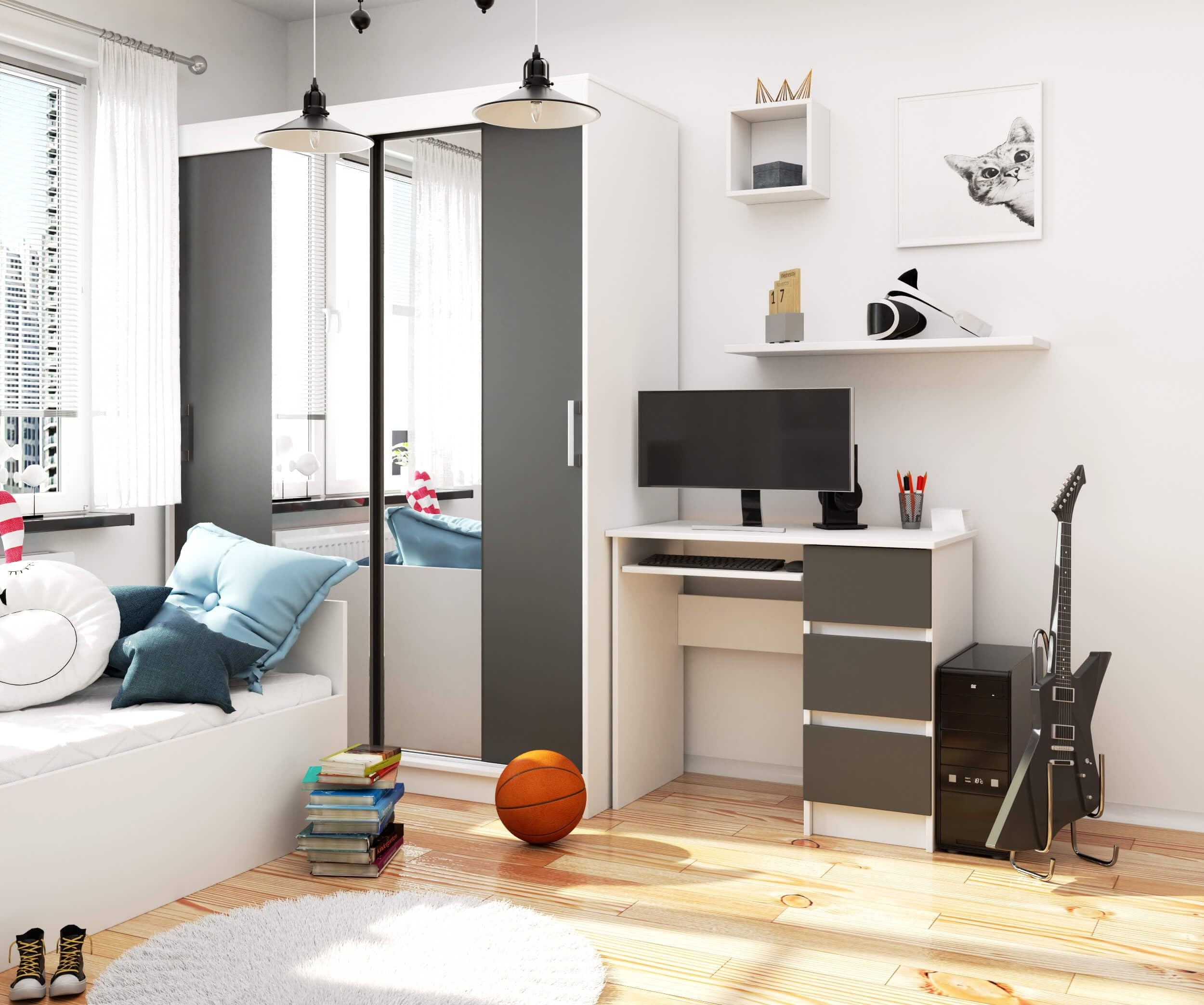 AKORD Schreibtisch A6 90 cm | 3 Schubladen Rechts | Schreibtisch | Bürotisch | Computertisch | Arbeitstisch | Laptoptisch | Bürmöbel | B90 x H77 x T50 cm | Gewicht 29,95 kg | Weiß/Graphitgrau