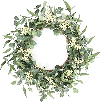 Pinkpum 20'' Eucalyptus Wreath for Front Door, Porch, Window - Green Decor for Home, Farmhouse - Spring, Summer, Fall, All Seasons