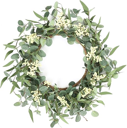 Pinkpum 20'' Eucalyptus Wreath for Front Door, Porch, Window - Green Decor for Home, Farmhouse - Spring, Summer, Fall, All Seasons