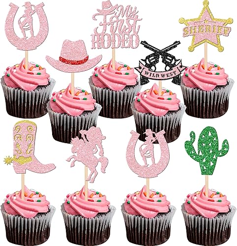 Paquete de 24 adornos de vaquera para cupcakes con purpurina, cactus, pistola, cupcakes, alimentos, sombreros de vaquera, botas, decoraciones para
