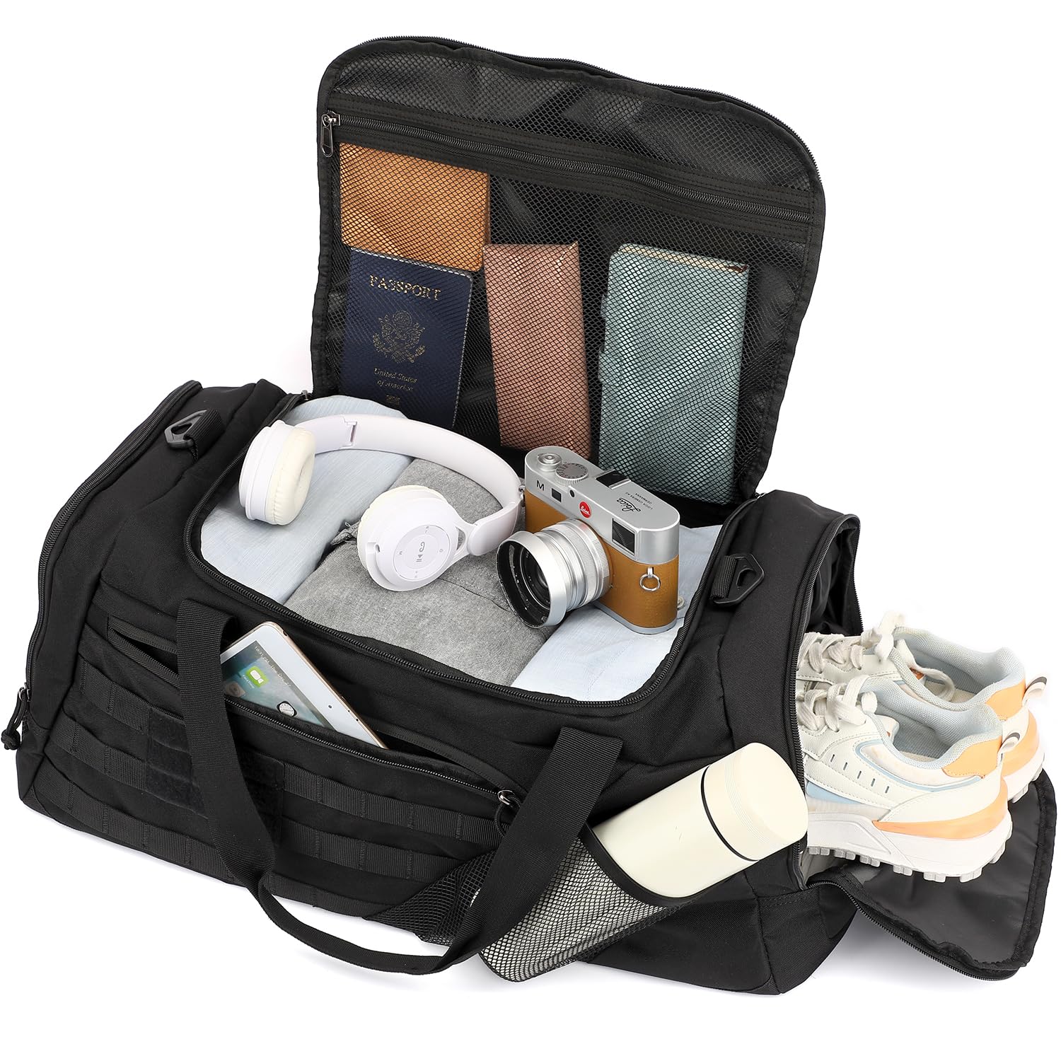 Bolsa Deporte Hombre 45L Mochila Gimnasio Táctica Militar Bolsa de Viaje con Compartimento para Zapatos + Separada Seco y Humedo para Natacion, Fitness, Fin De Semana, Negro