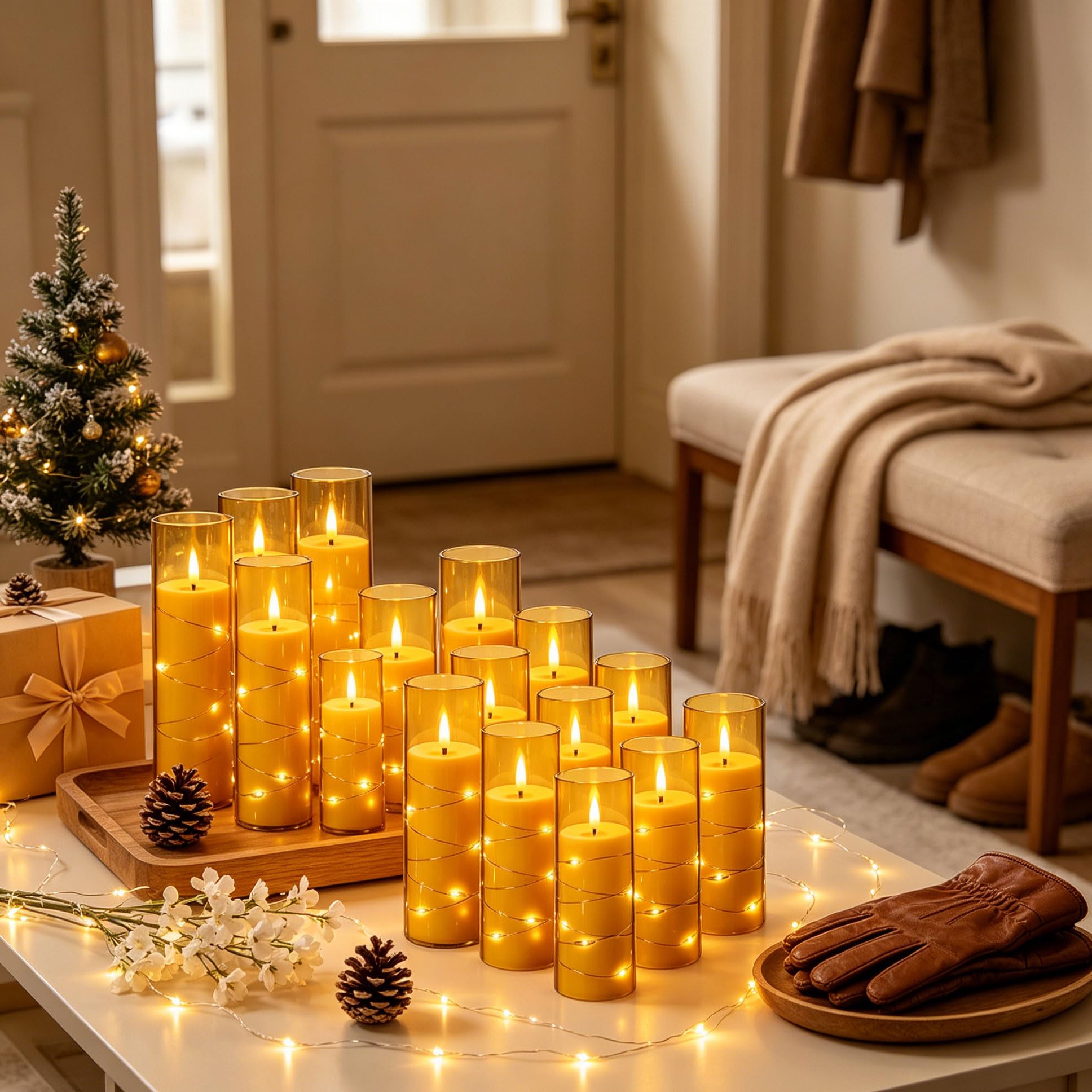 12 Bougies LED Champagne Transparentes, Guirlande Lumineuse, Flamme Scintillante Réaliste, Télécommande, Réutilisables pour Déco Intérieure et Festive