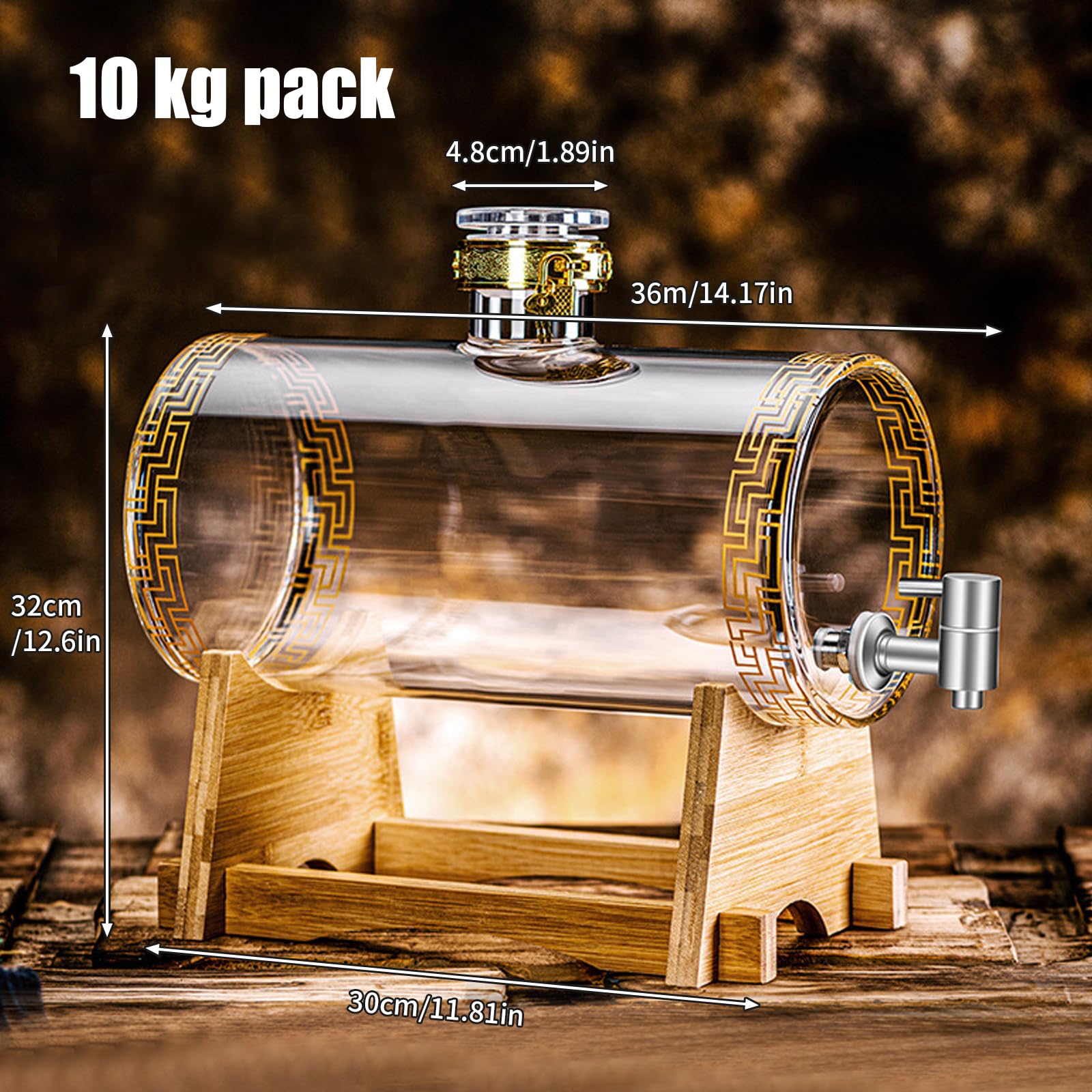 Glas Weinfass mit Hahn, Whisky Dekanter Set mit Ständer, Fassförmiger Getränkespender aus Glas 3-5L, Liquor Dispenser, Glaskaraffe Spender, Ausgießer, Spender für Whisky, Brandy, Säfte, Limonade (E)