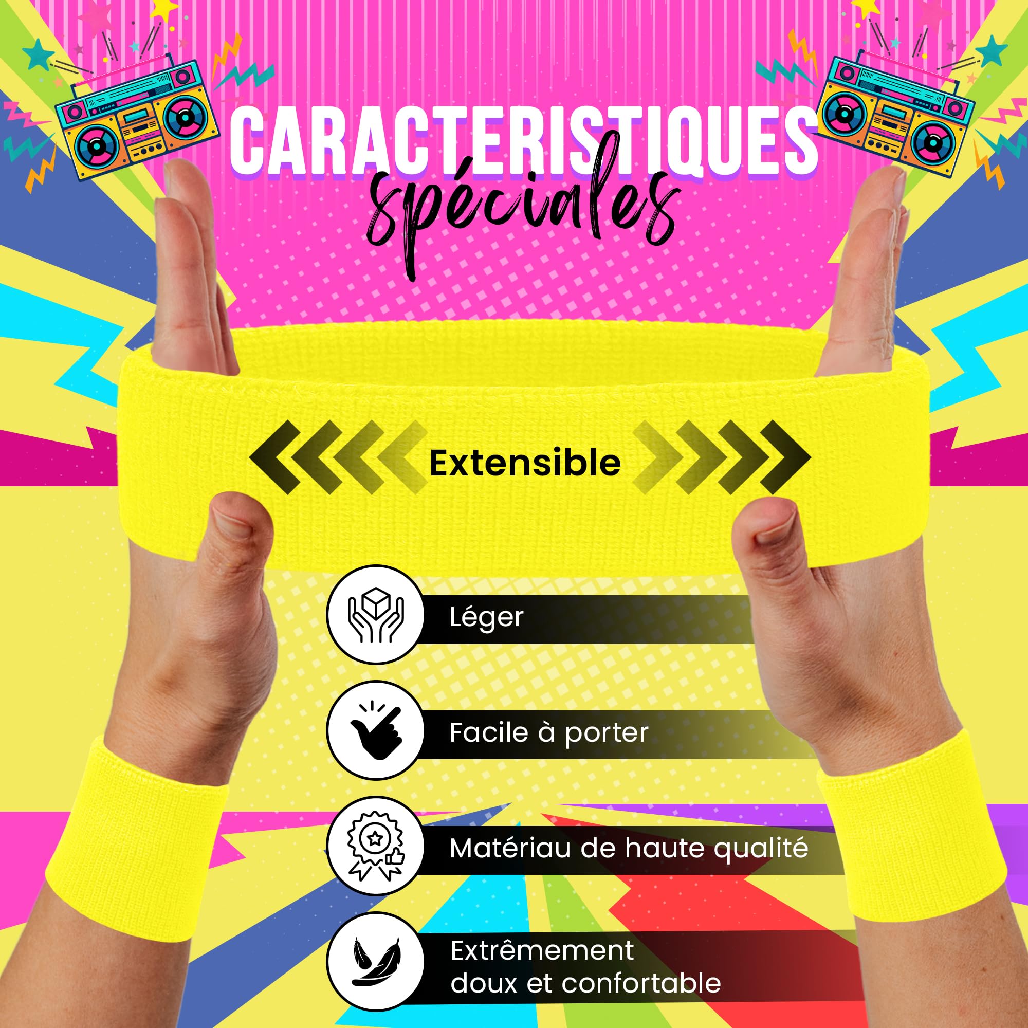 Ensemble de bandeaux absorbants fluo – Bandeau et bracelets rétro des années 80 pour homme et femme – Accessoires de sport pour salle de sport, entraînement, course à pied, tennis, cyclisme