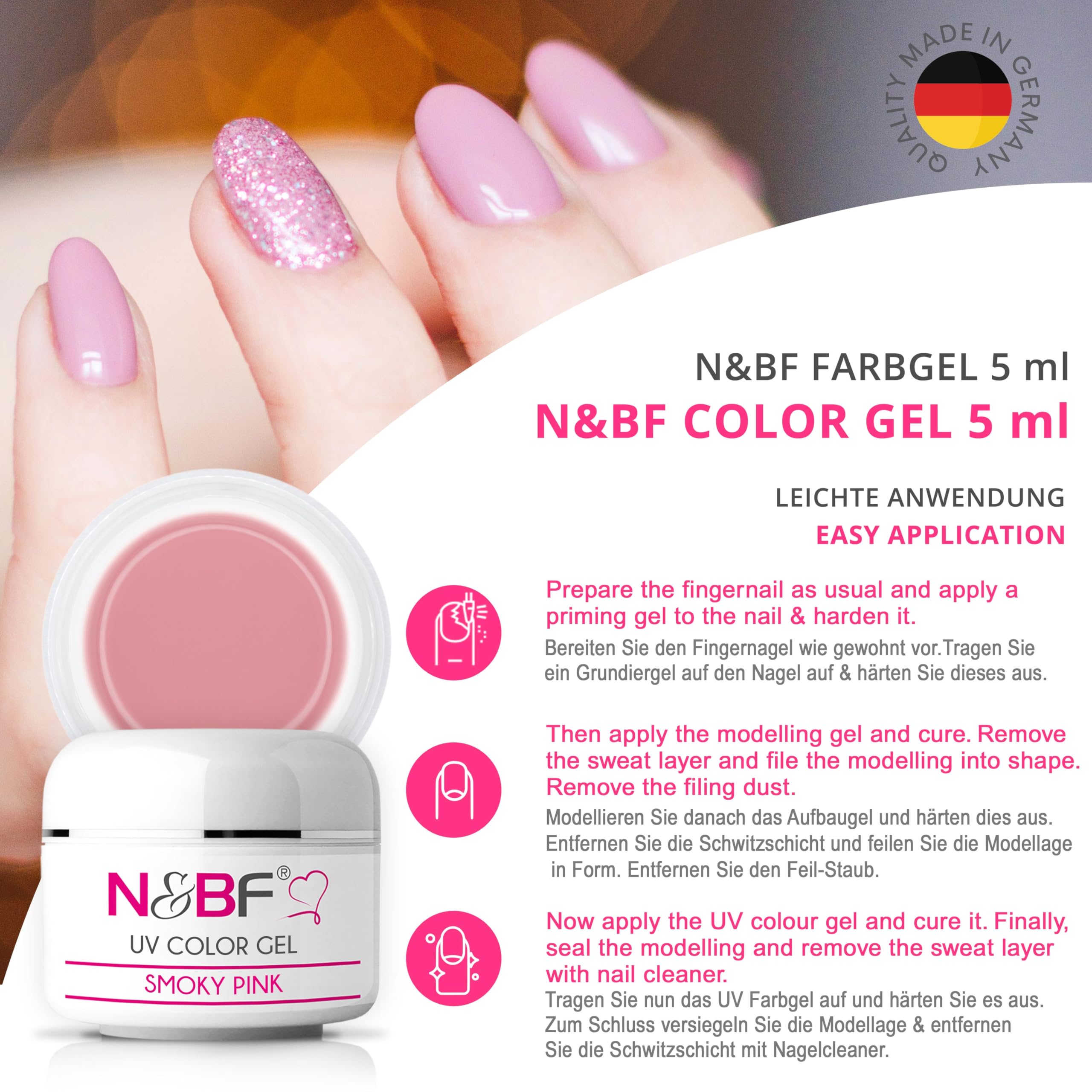 N&BF UV Farbgel 5 ml | Smoky Pink (Rosa) | Colourgel deckend mittelviskos | Color Gel für Gelnägel | Made in Germany | Nageldesign Farbgele | selbstglättend ohne Säure - 5