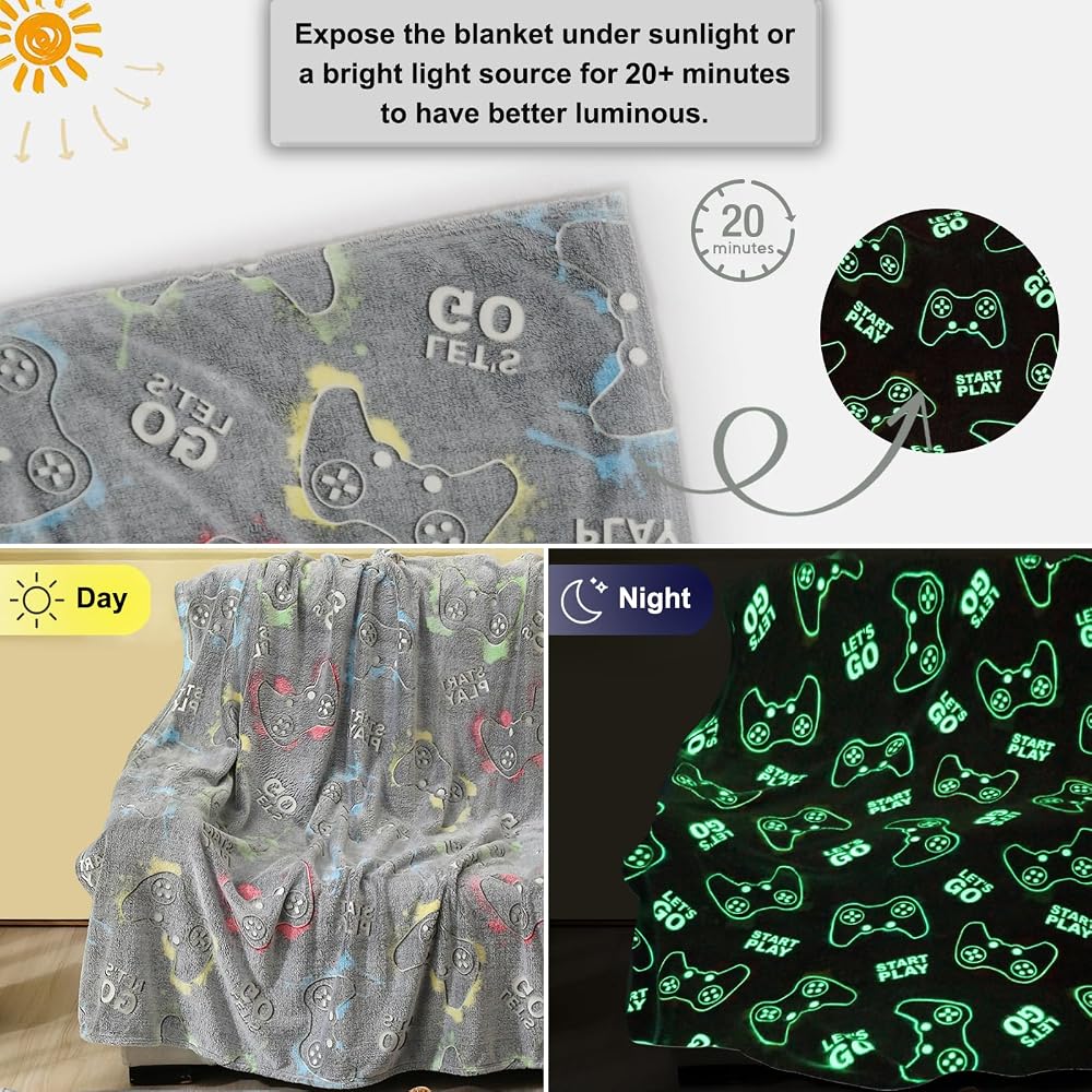 Jekeno Glow in The Dark Gaming Blanket Gamer Game Controller Throw Gift Toys for Kids Boys Teen Son Adults Gamepad Presents Easter Birthday Christmas Bedroom Decor Luminous Blanket Grey 50"x60"