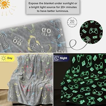 Glow in The Dark Gaming Blanket Gamer Game Controller Throw Gift Toys for Kids Boys Teen Son Adults Gamepad Presents Easter Birthday Christmas Bedroom Decor Luminous Blanket Grey 50x60