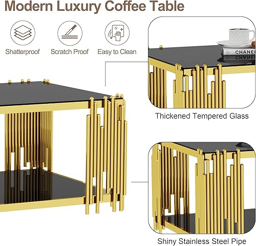 Miniatura 5 de Mesa de café de vidrio dorado Mesa de estar negra moderna con patas de metal de acero inoxidable Mesa central grande rectangular de vidrio templado