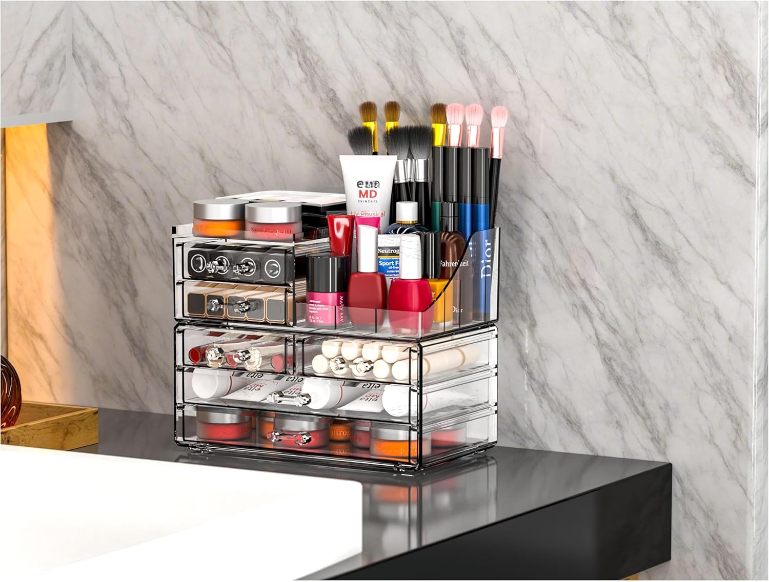 Cq acrylic Make Up Organizers for Vanity With 6 Drawers, 2 Pack Clear Drawer Organizers,Plastic Cute Desk Accessories Organization and Bathroom Organizers Storage Case Box Cube for Beauty,Skin Care - Image 5