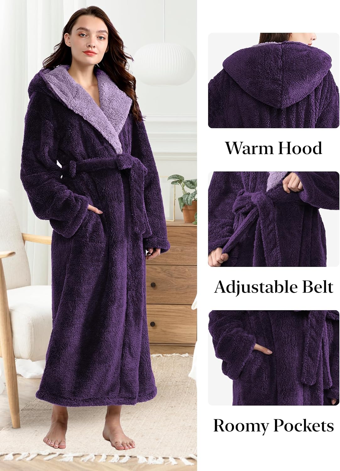 PUTUO Women's Microfibre Bathrobe, Long Bathrobe, Warm Soft Dressing Gown image 5