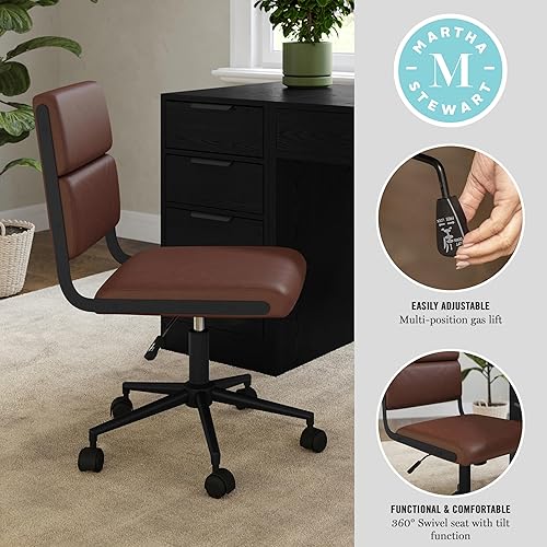Miniatura 4 de Martha Stewart Lulu - Silla giratoria para tareas con asiento ajustable en altura para oficina en casa en piel sintética marrón con marco de bronce