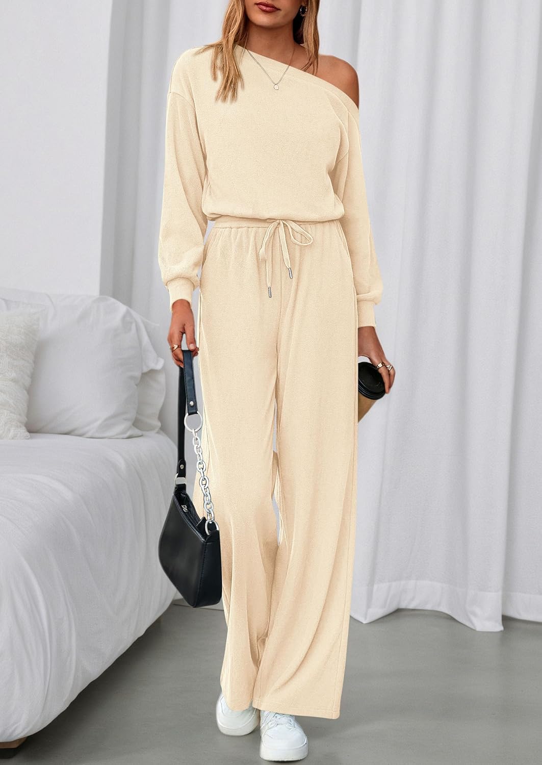 PRETTYGARDEN Long Sleeve Jumpsuit For Women Dressy 2026 Off Shoulder One Piece Loose Wide Leg Jumpsuits Casual Flowy Romper - Image 4