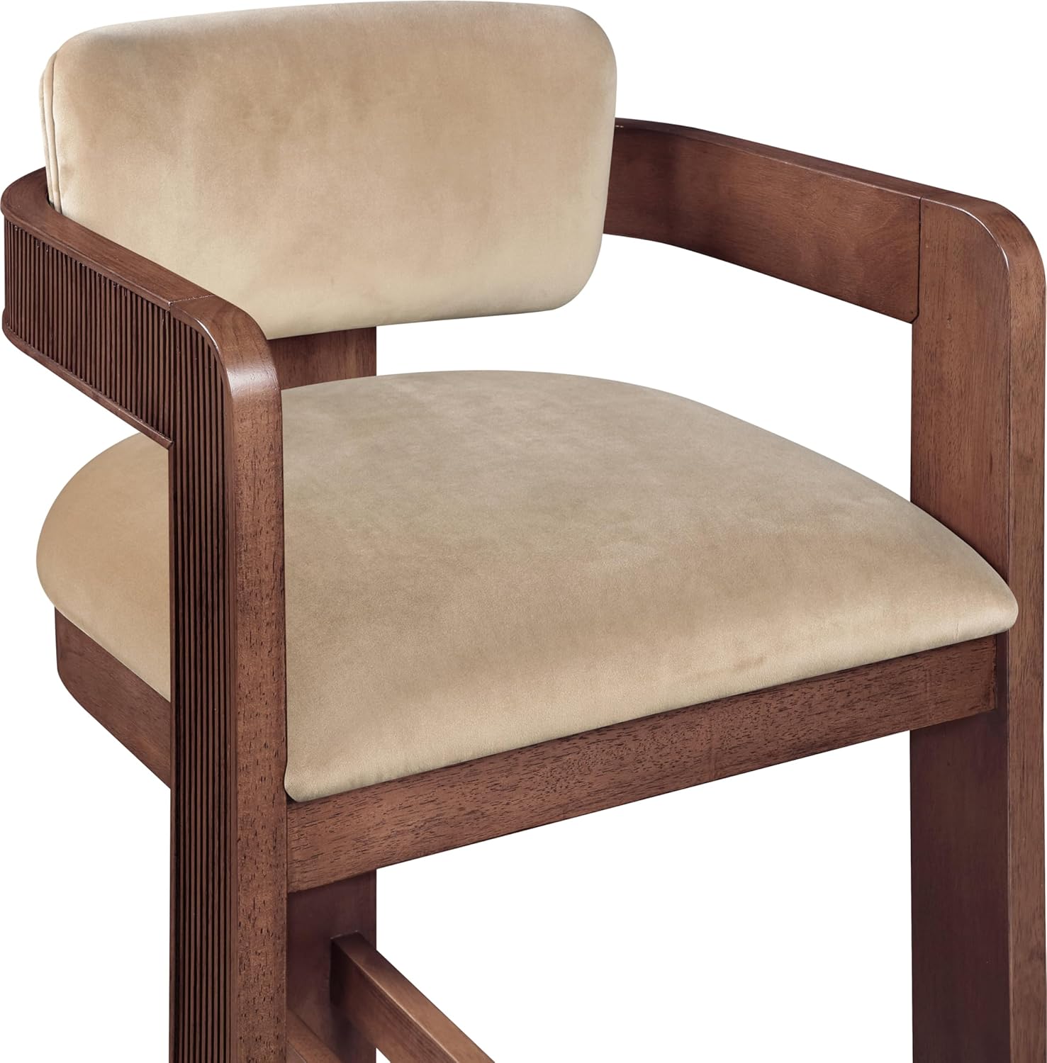 Meridian Furniture 11079Beige-C Sacha Collection Art Deco Stool with Ultra Luxe Beige Velvet, 460 GSM Velvet, Solid Wood Brown Walnut Finish, Fluted Wood, 20.5" W x 21" D x 37.5" H, Beige