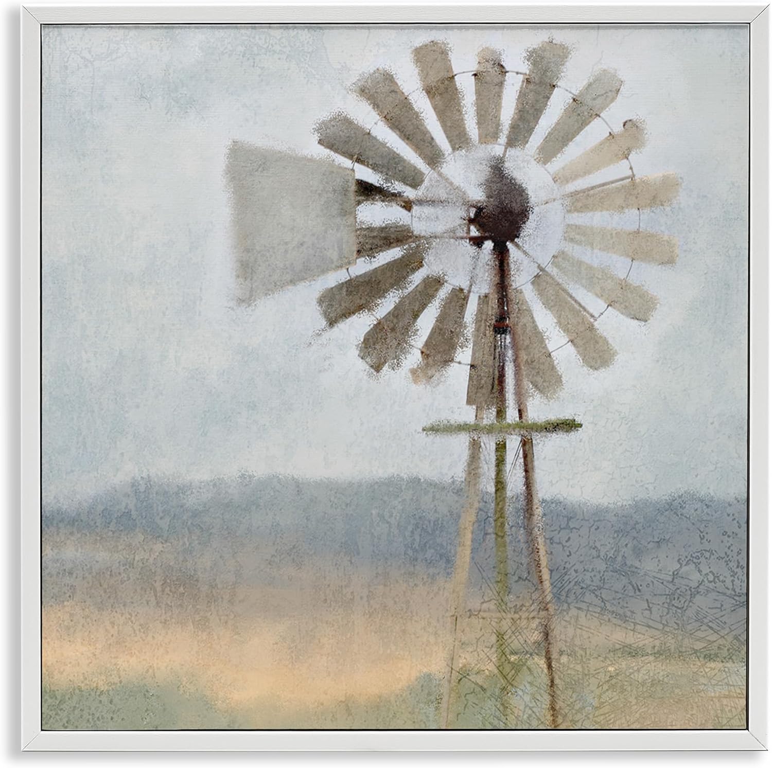 Stupell Industries Neutral Blue Windmill Breeze Farmyard Painting Wall Art, 17x17, White Framed