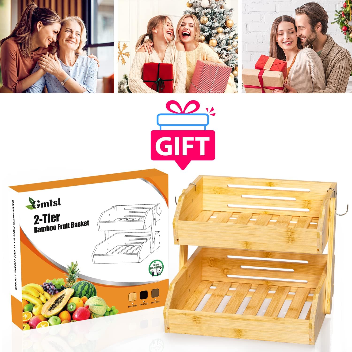 Bamboo Fruit Basket for Kitchen–2 Tier Fruit Bowl For Kitchen Counter, Large Fruit Holder With 2 Banana Hangers, Idea For Fruit and Vegetable Storage, Bread Basket, Snack Organizer(BAMBOO) - Image 7